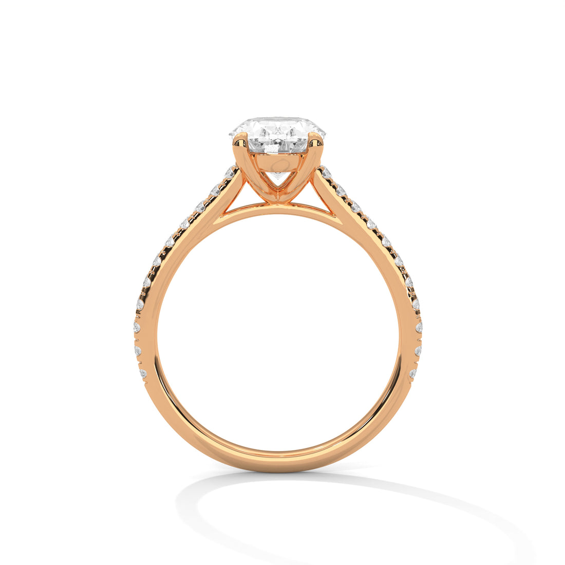 Rose gold ring with a diamond on a white background