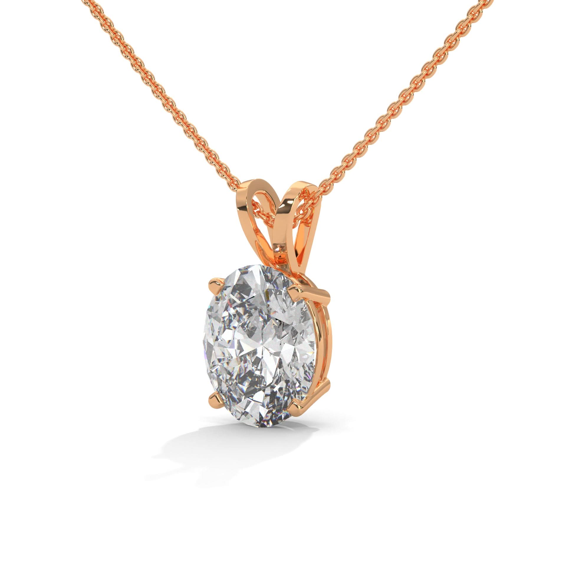 Rose gold necklace with a Oval diamond pendant on a white background
