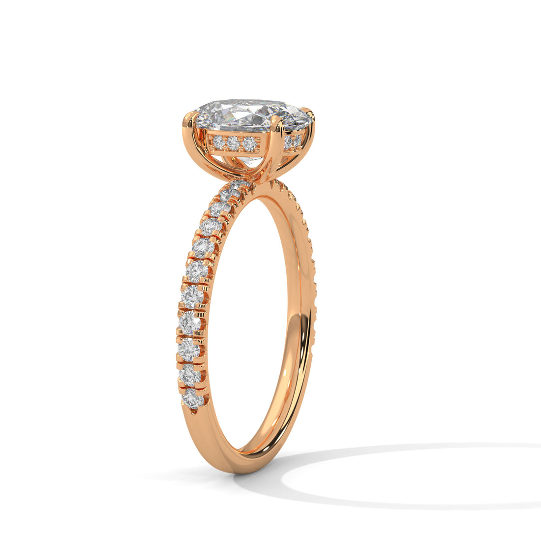 Rose gold ring with diamond accents on a white background
