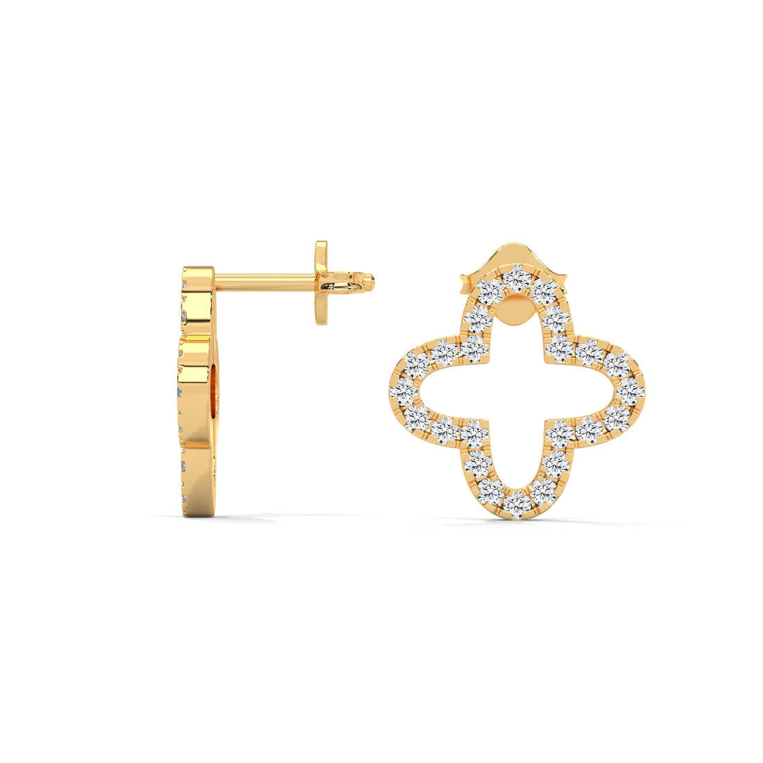 Gold earring with diamond accents on a white background