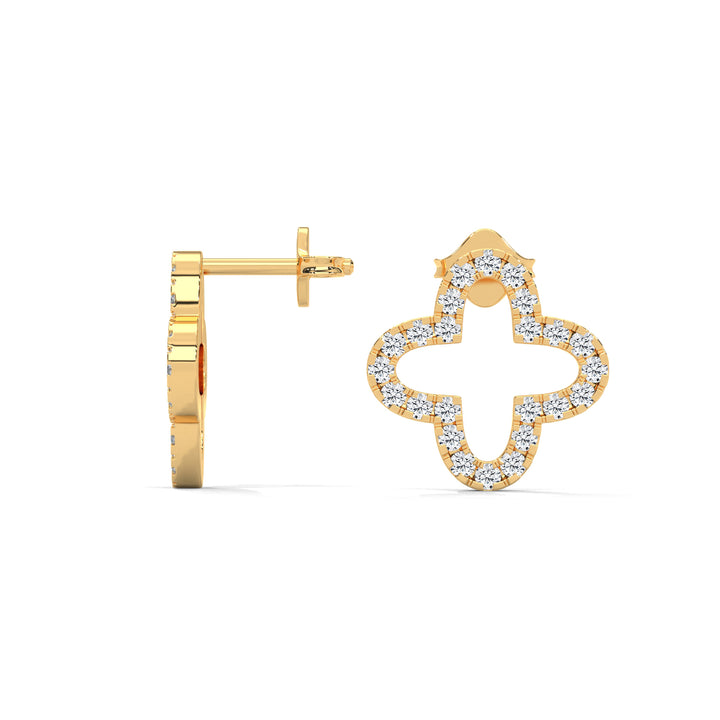 Gold earring with diamond accents on a white background