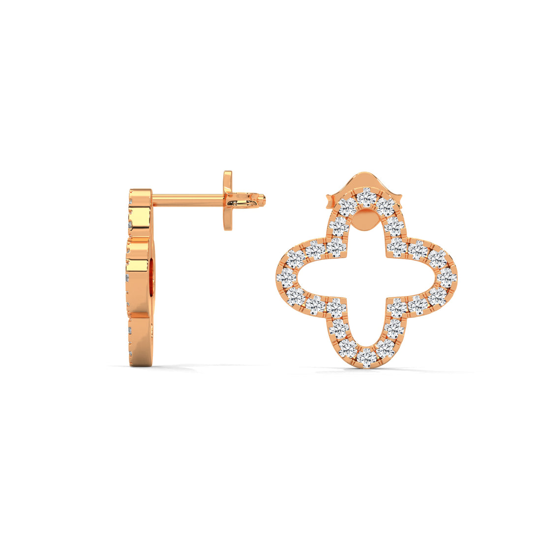 Rose gold earrings with diamond accents on a white background