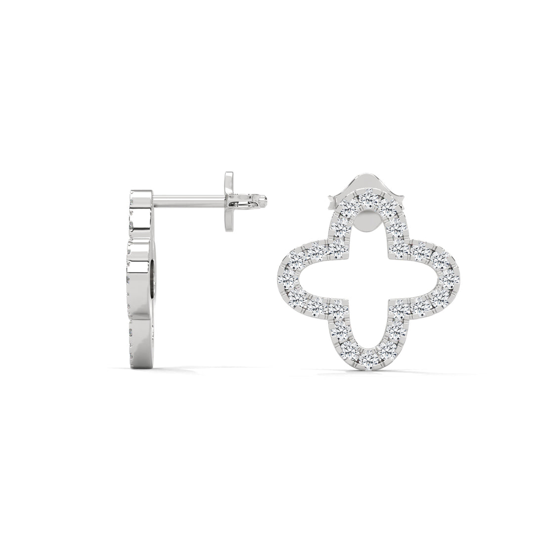 Diamond earrings with a clover design on a white background
