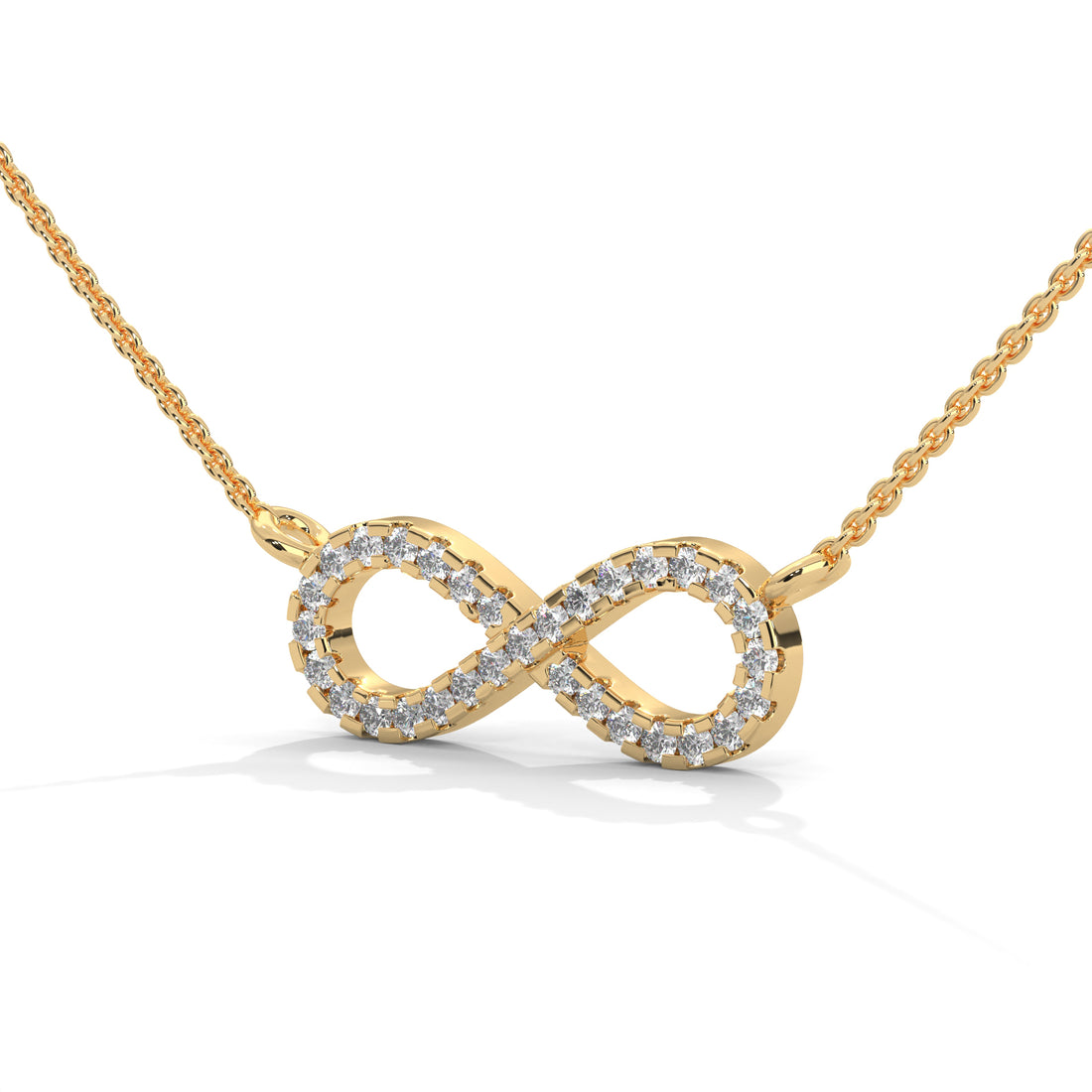 Gold infinity necklace with diamonds on a white background