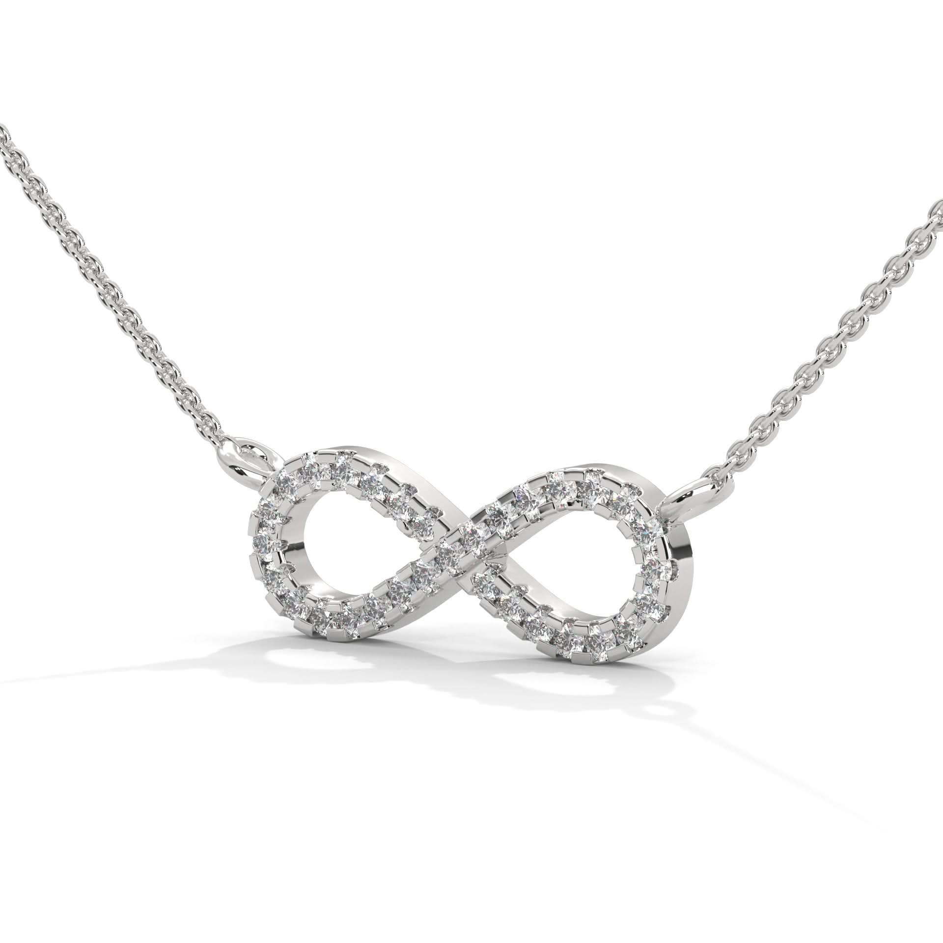Silver infinity necklace on a white background