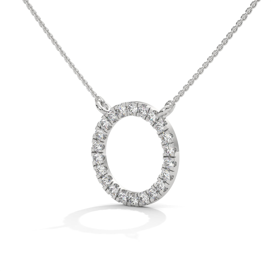 Diamond necklace with a circular pendant on a white background