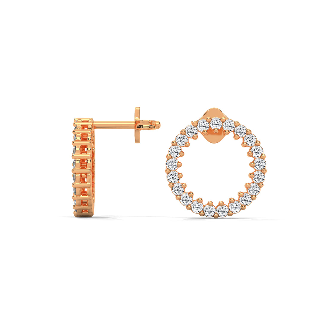 Rose gold hoop earrings with diamond accents on a white background