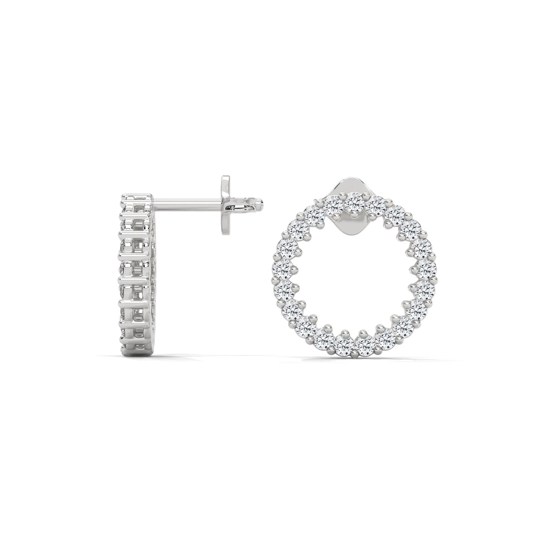 Silver hoop earrings with small diamonds on a white background