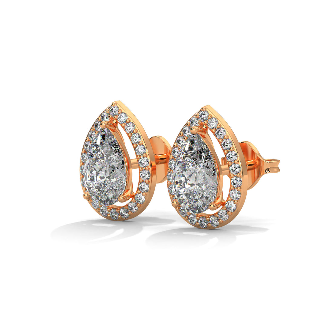 Rose gold earrings with clear gemstones on a white background