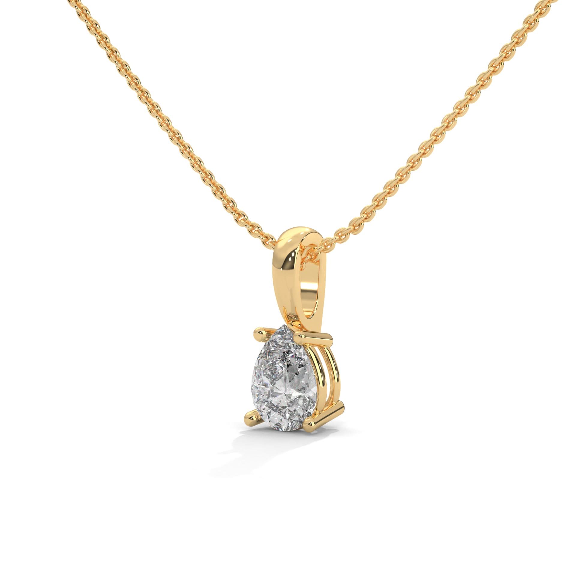 Gold necklace with a diamond pendant on a white background