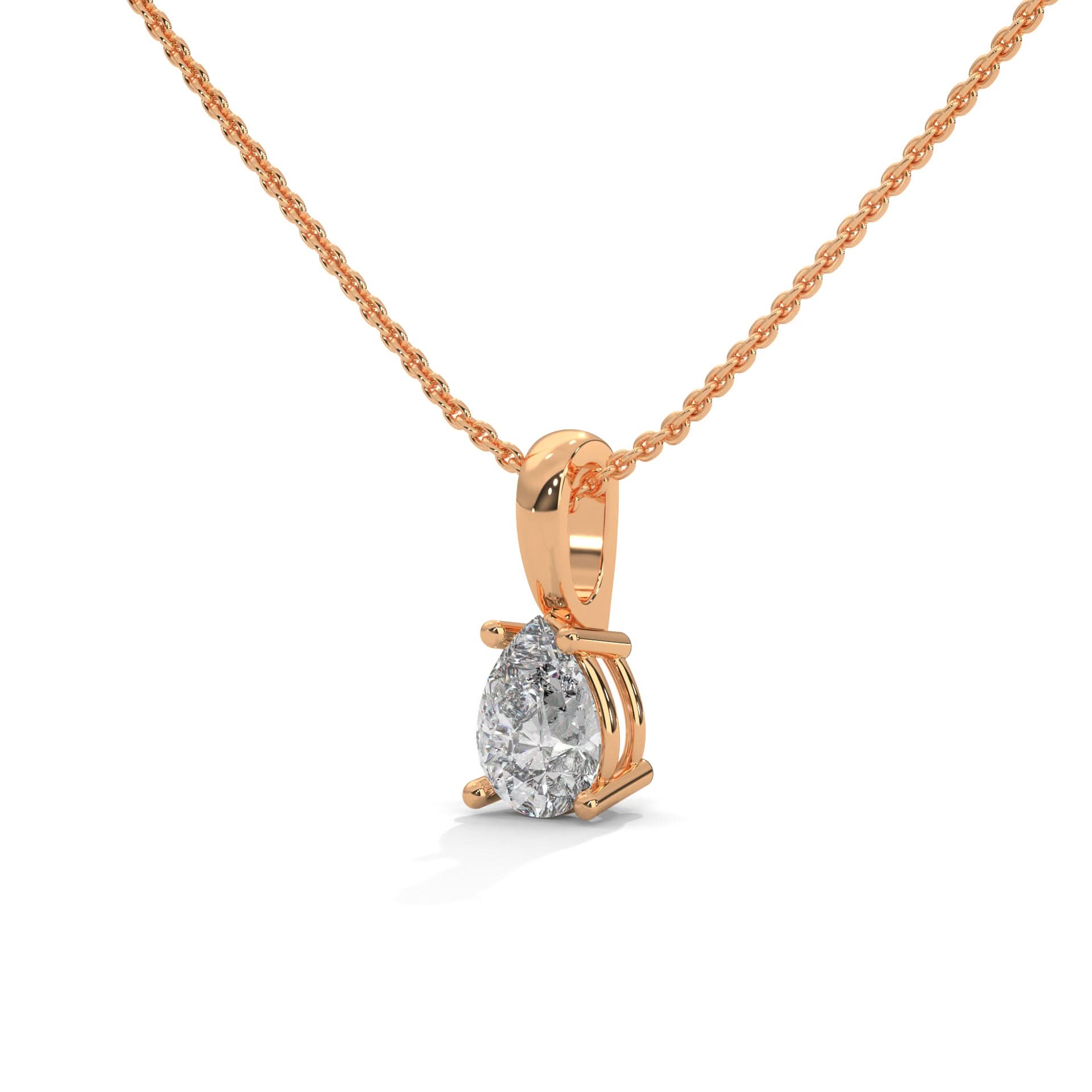 Rose gold necklace with a pear-shaped diamond pendant on a white background