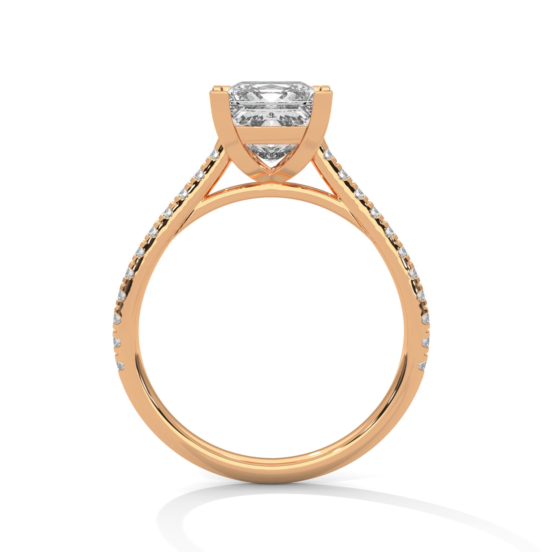 Rose gold ring with a diamond on a white background