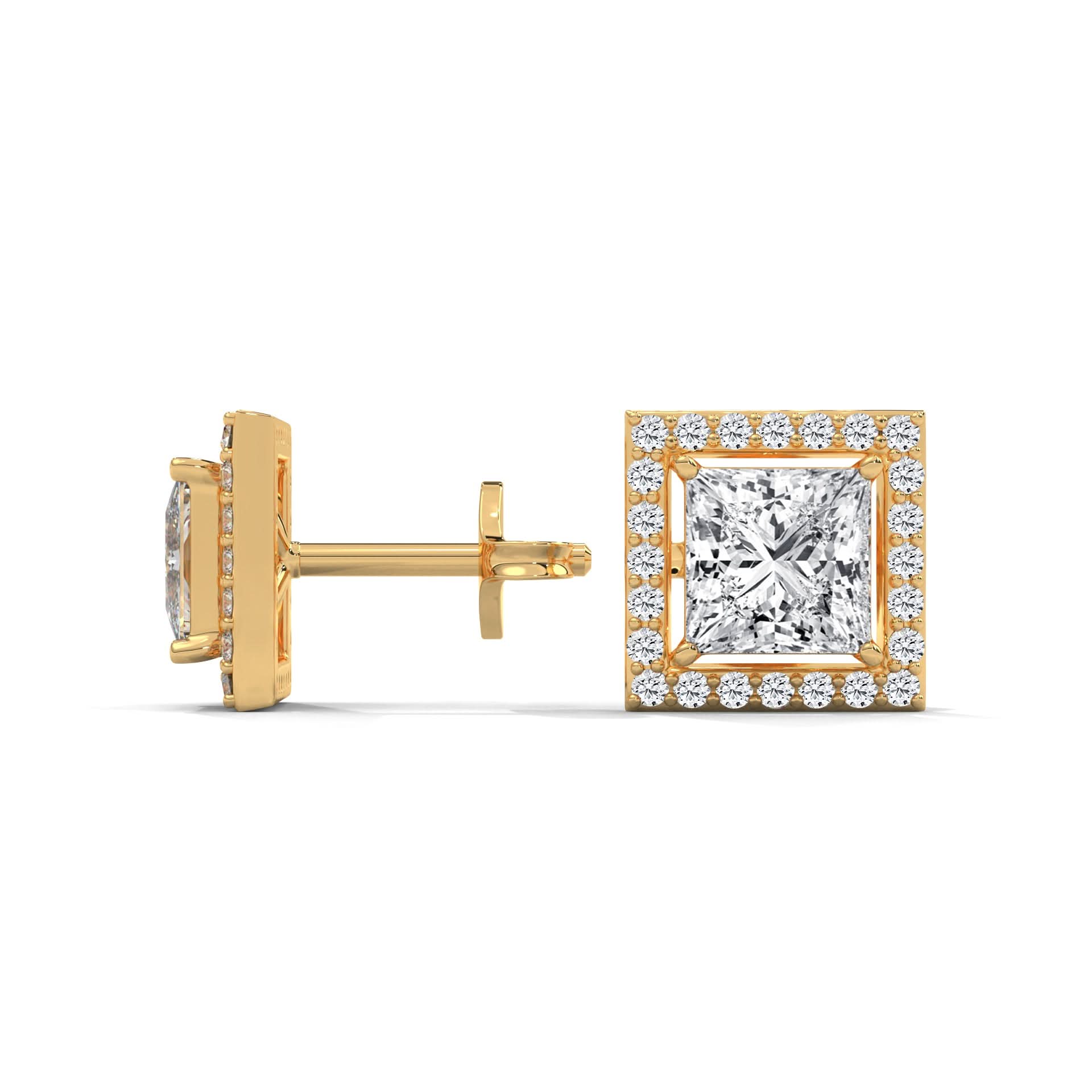 Gold diamond earrings on a white background