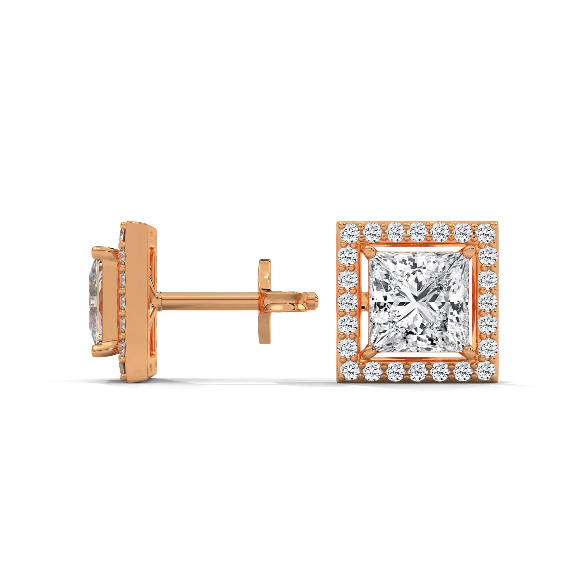 Rose gold diamond earrings on a white background