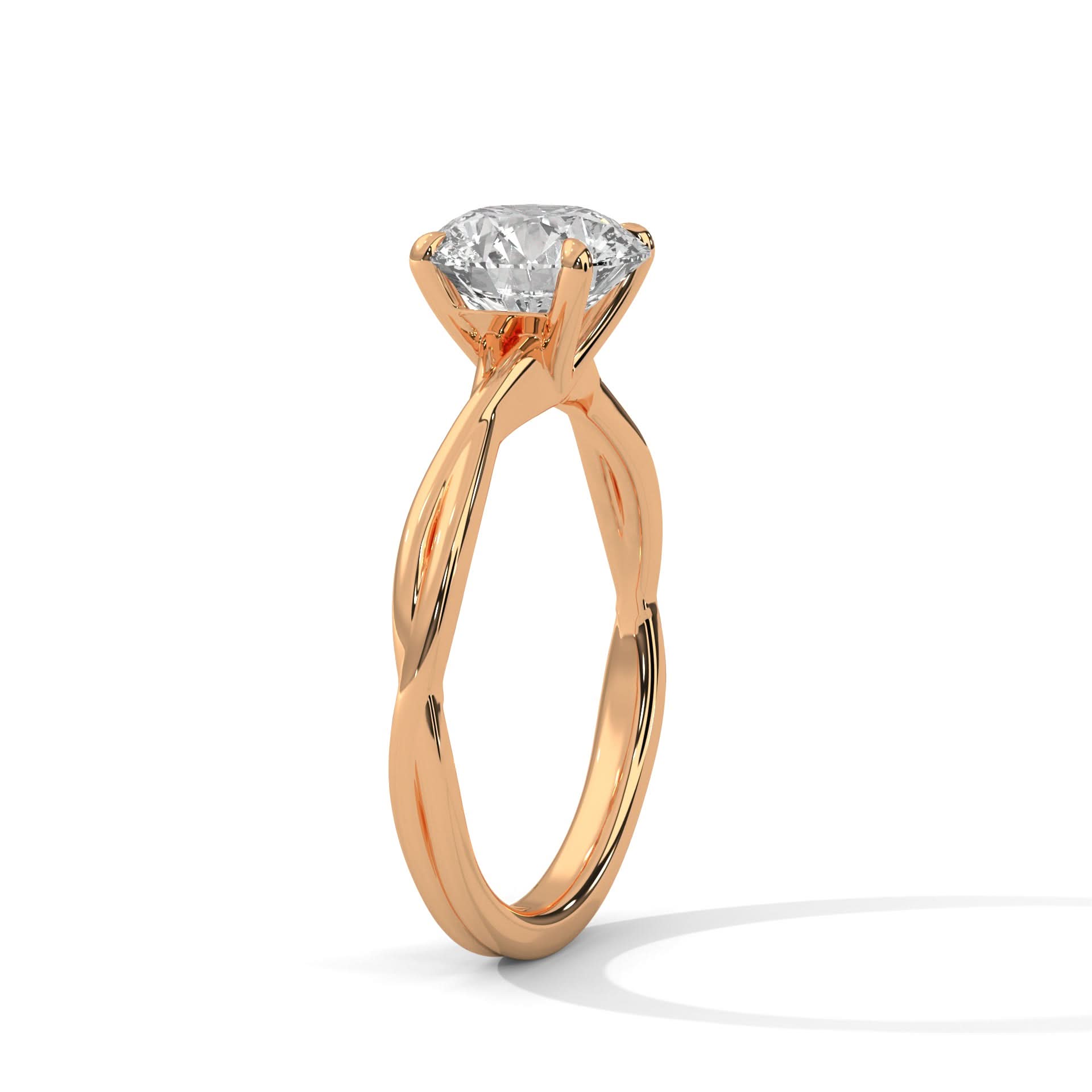 Rose gold ring with a diamond on a white background