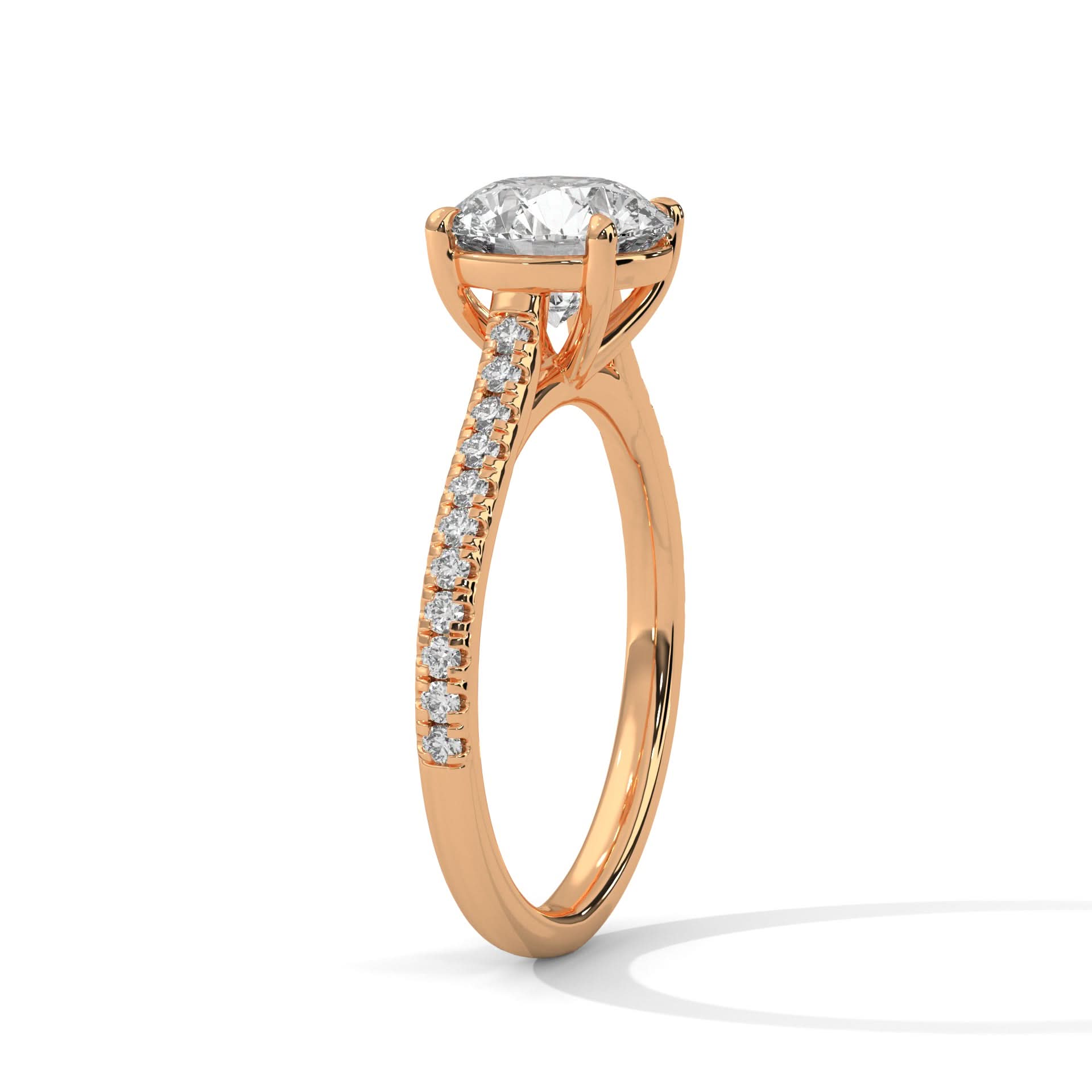 Rose gold ring with a diamond on a white background