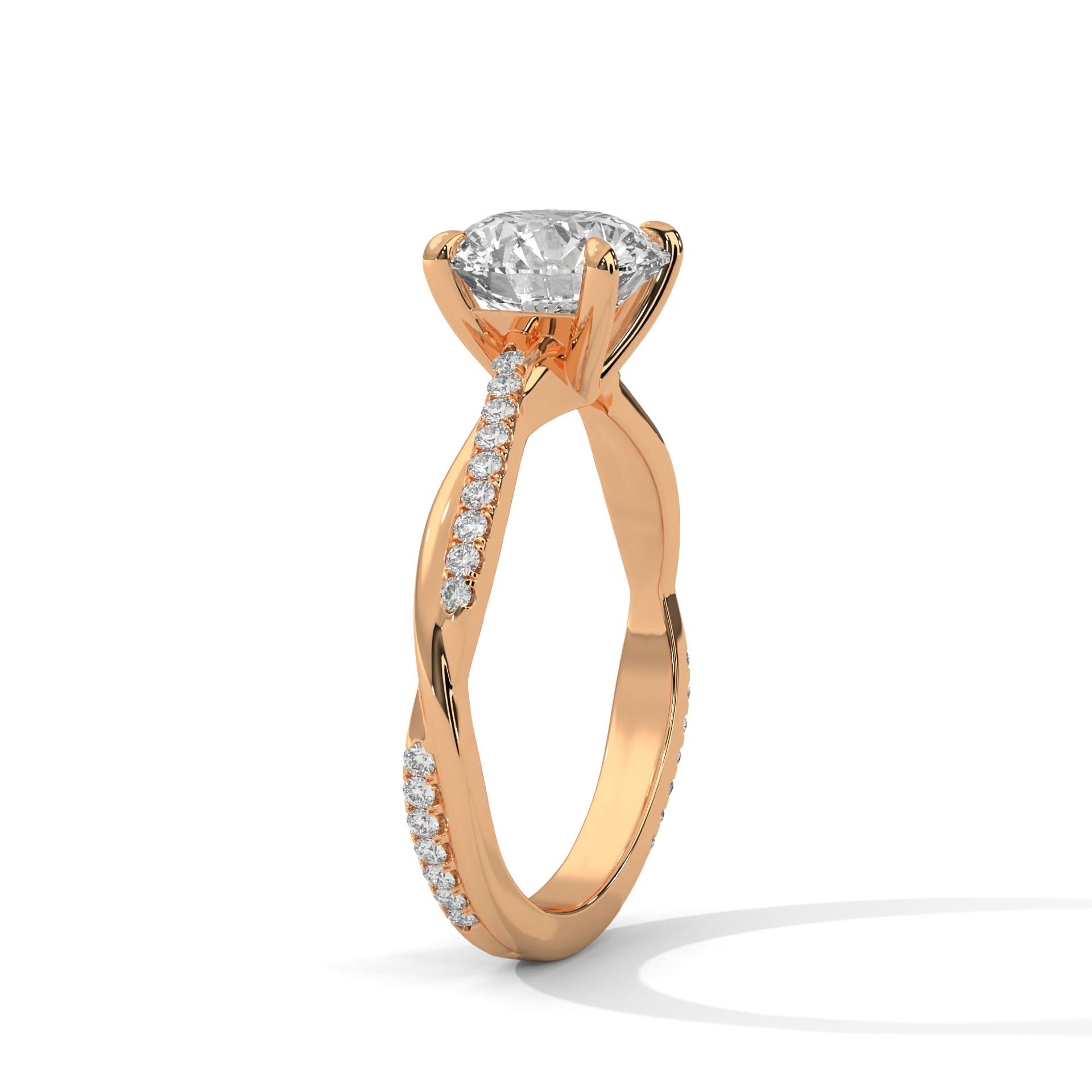 Rose gold ring with a diamond on a white background