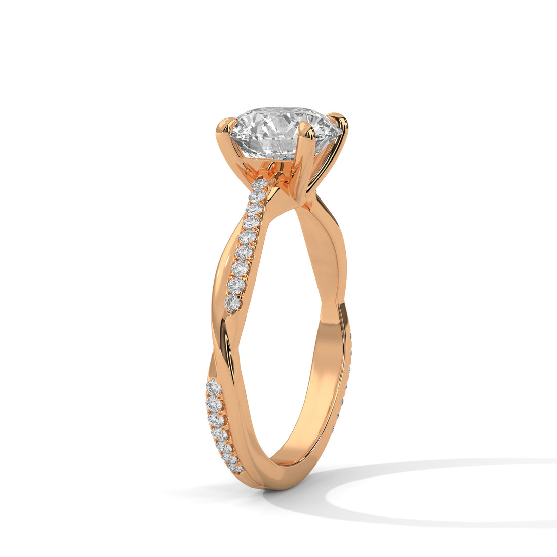Rose gold ring with a diamond on a white background