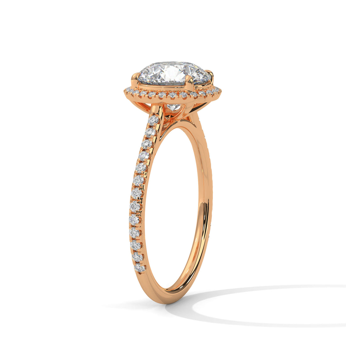Rose gold ring with a diamond on a white background