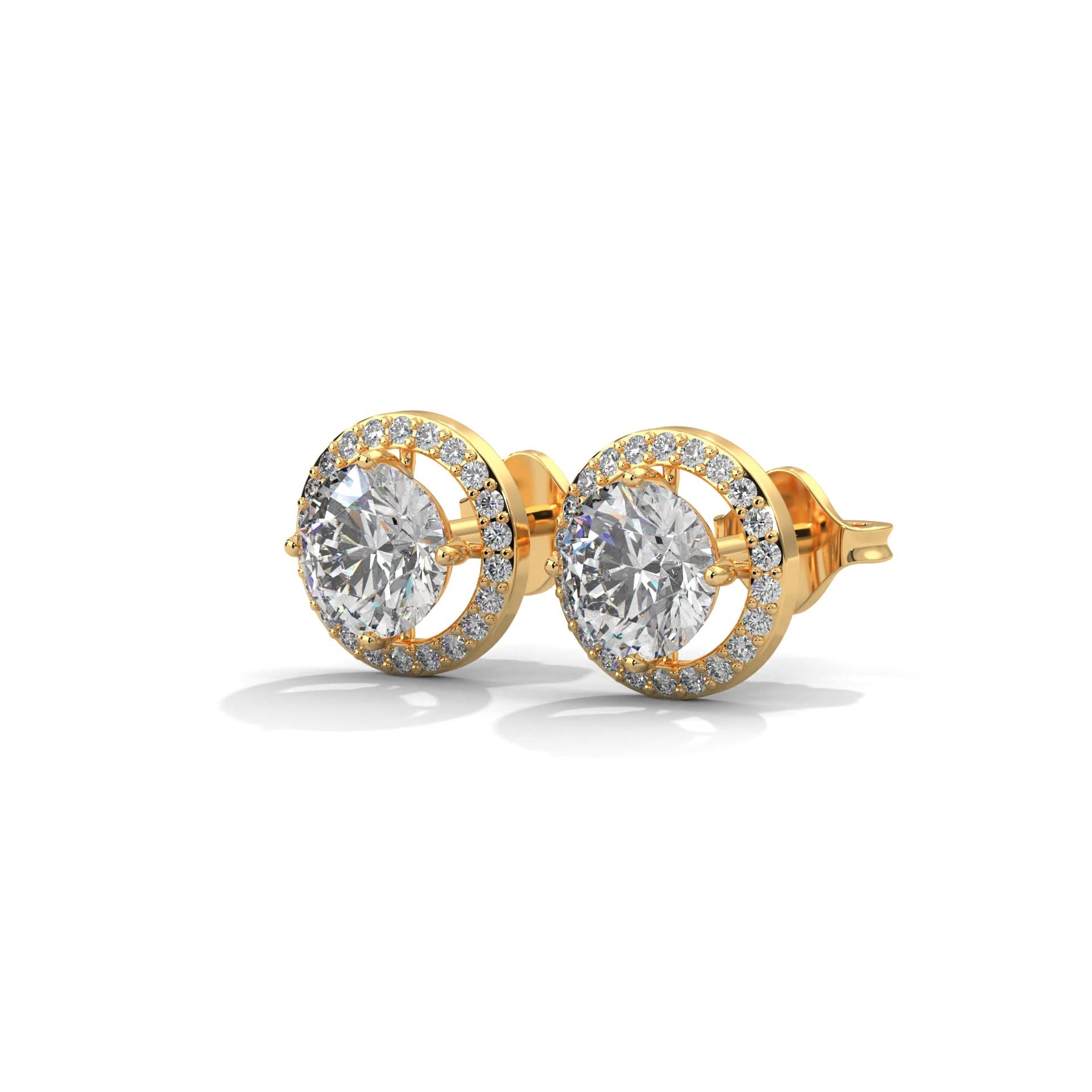 Gold earrings with lab diamond on a white background