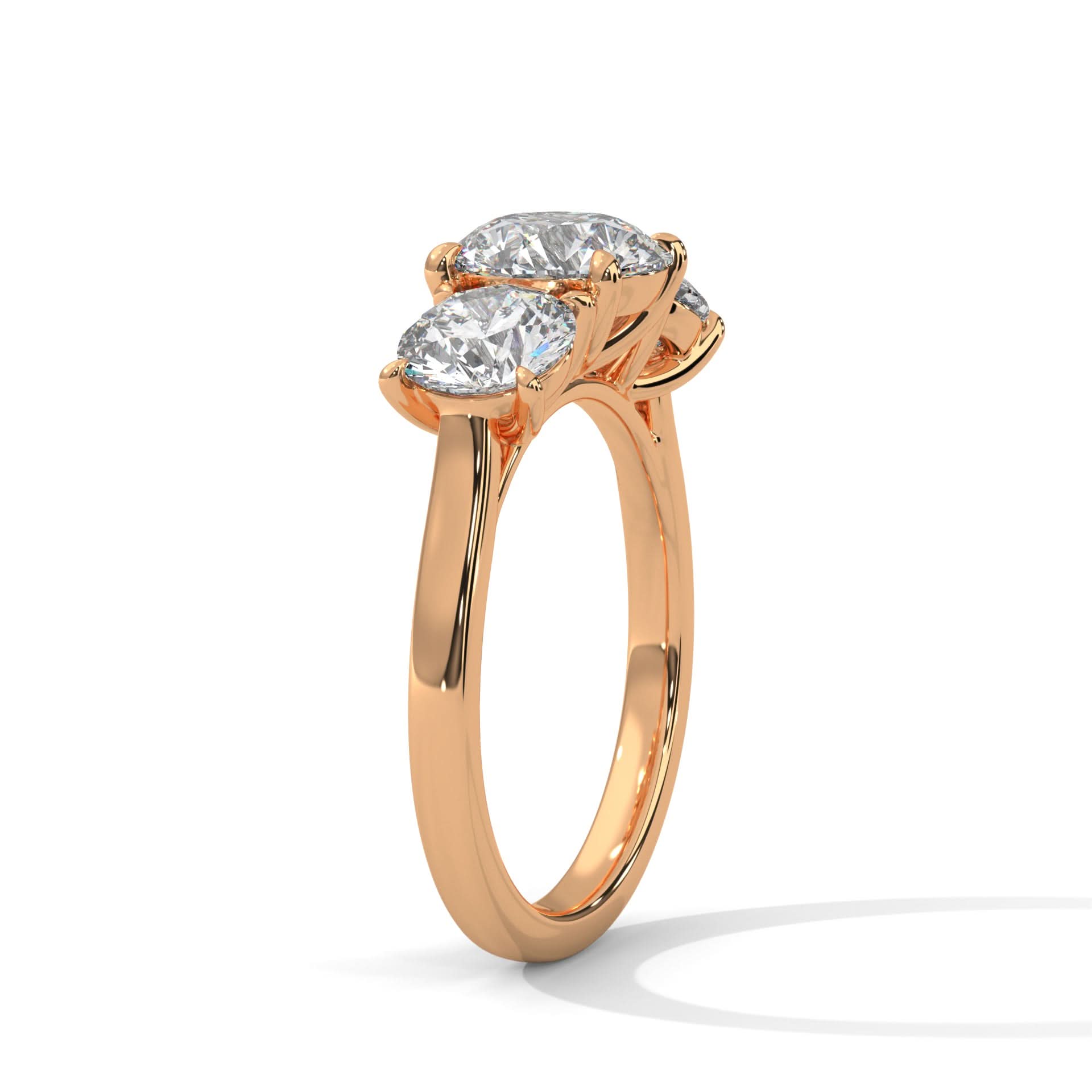Rose gold ring with two diamonds on a white background