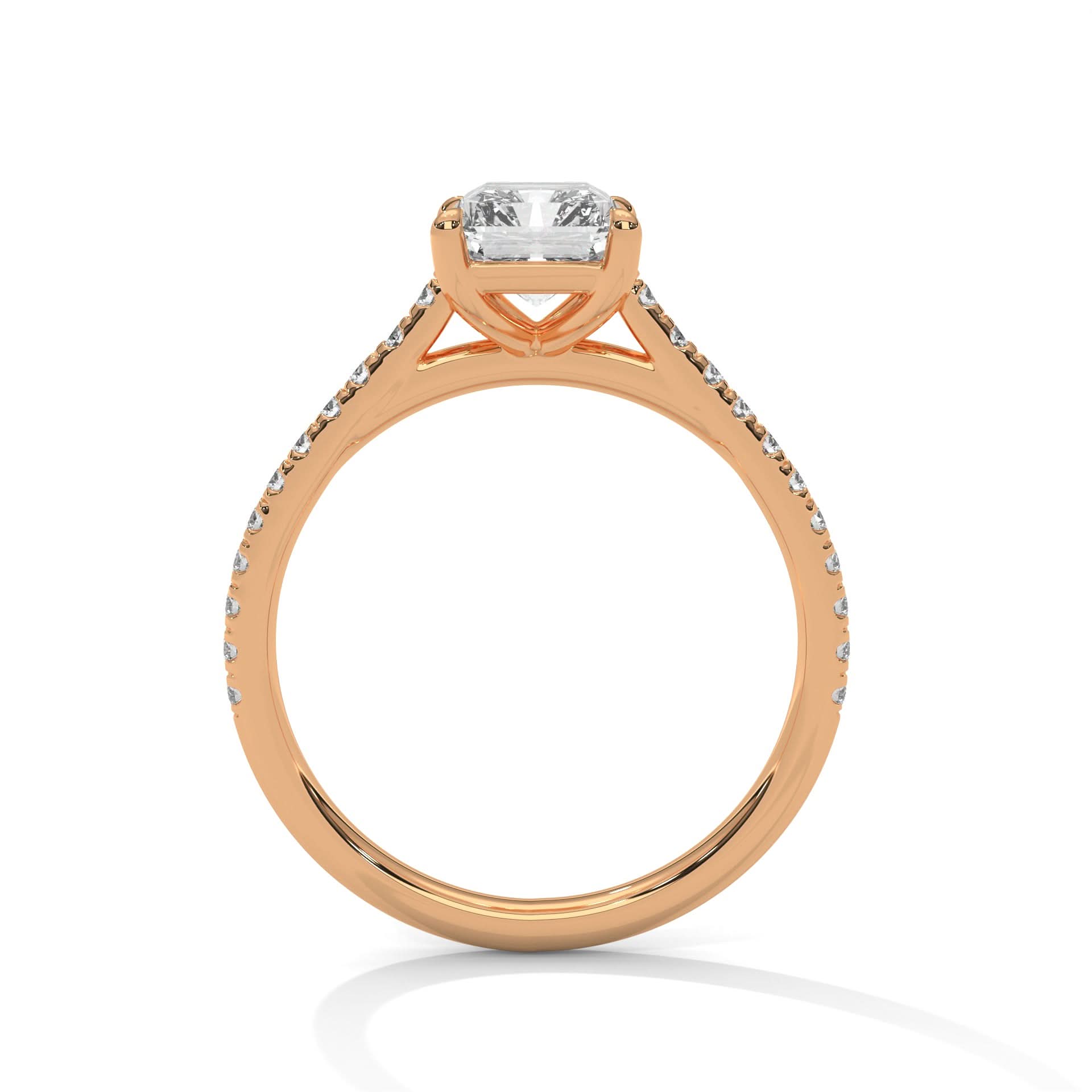 Rose gold ring with a diamond on a white background