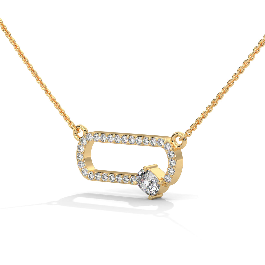 Gold necklace with a diamond pendant on a white background