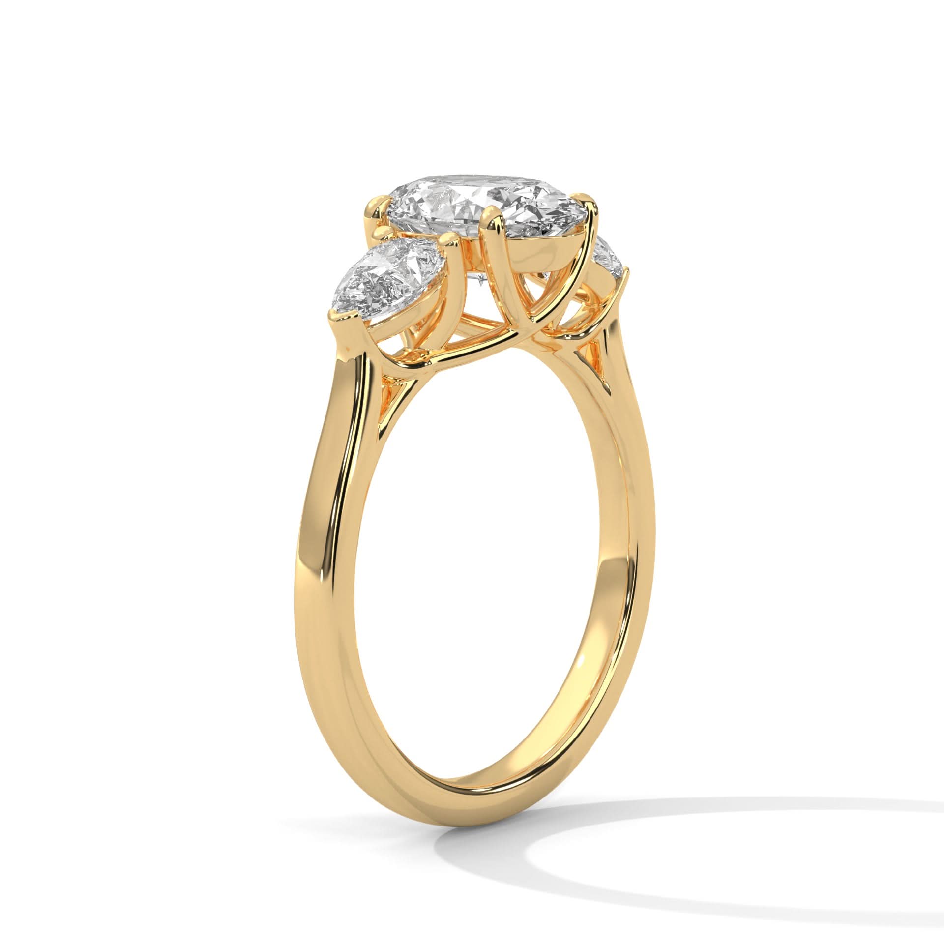 Gold ring with three diamonds on a white background