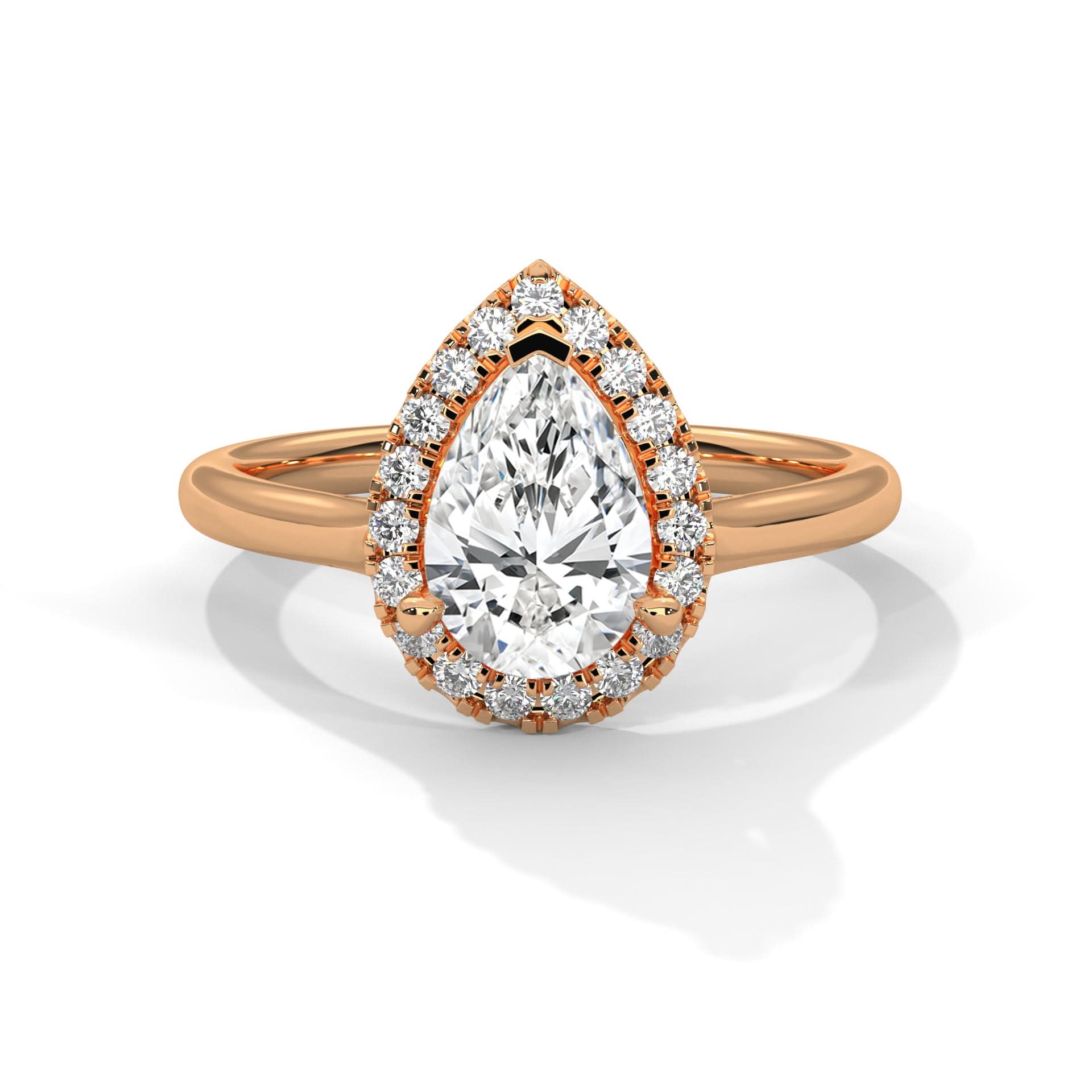 Rose gold ring with a pear-shaped diamond and smaller diamonds on a white background