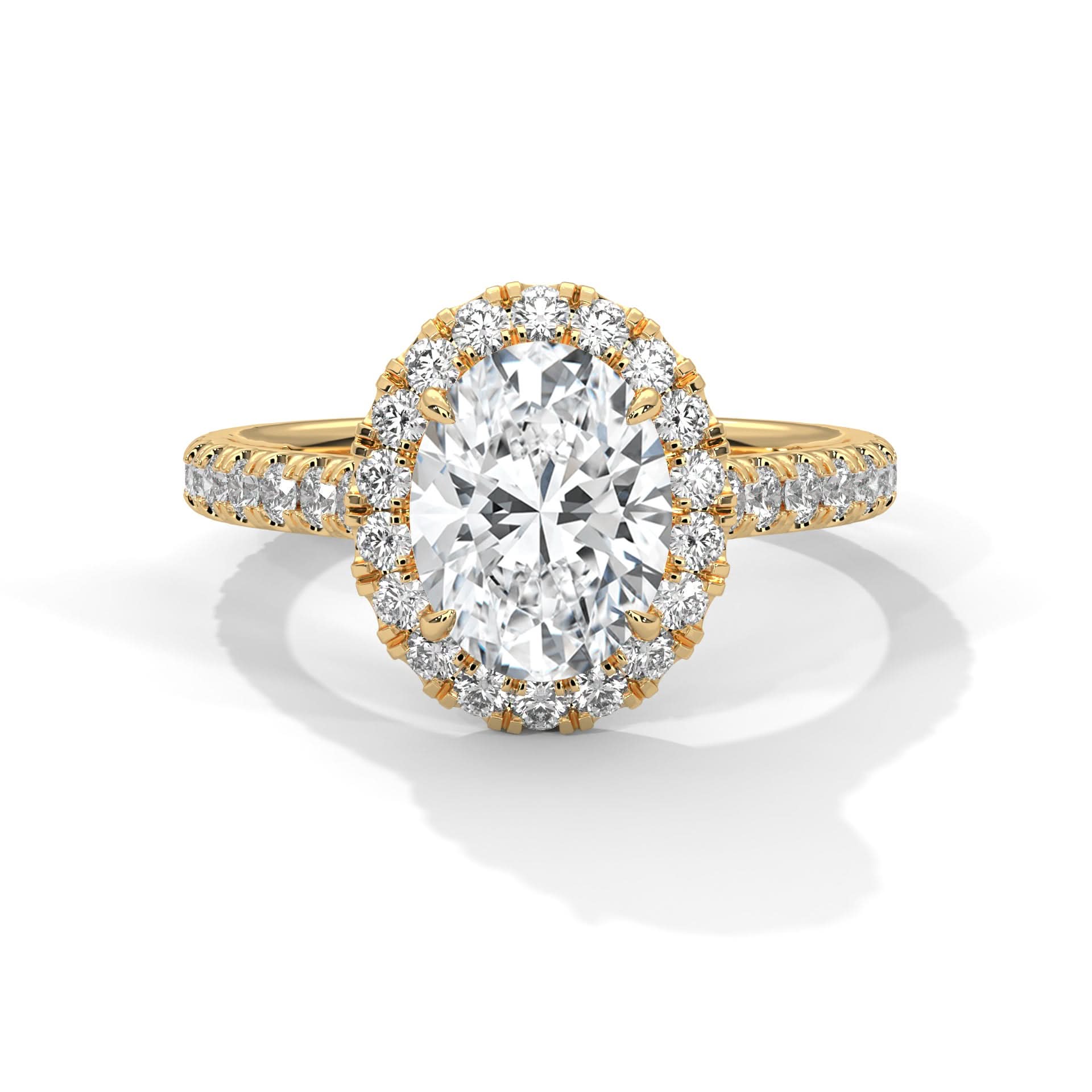 Gold ring with Oval diamond and smaller diamonds on the band against a white background