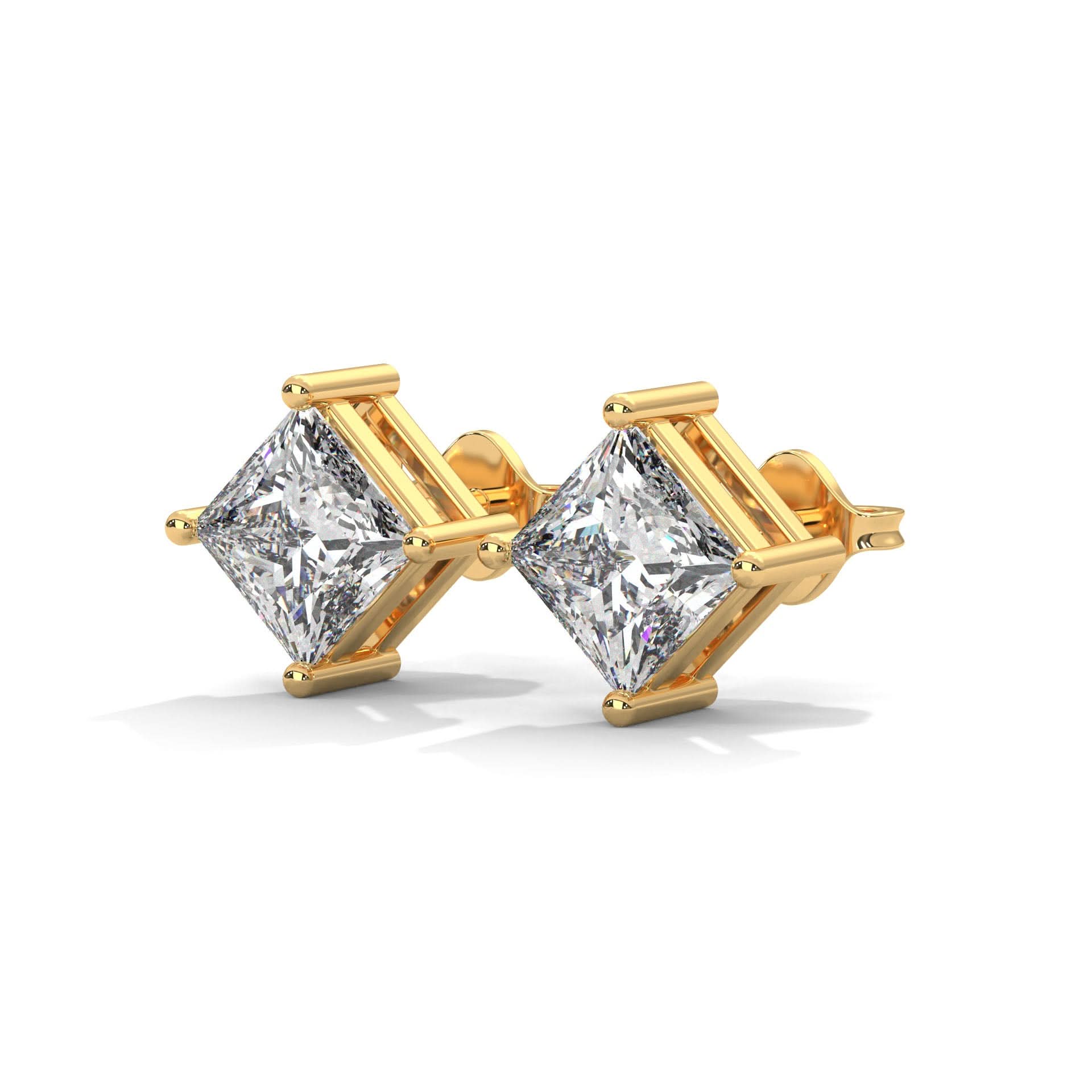 Gold earrings with princess-cut diamonds on a white background
