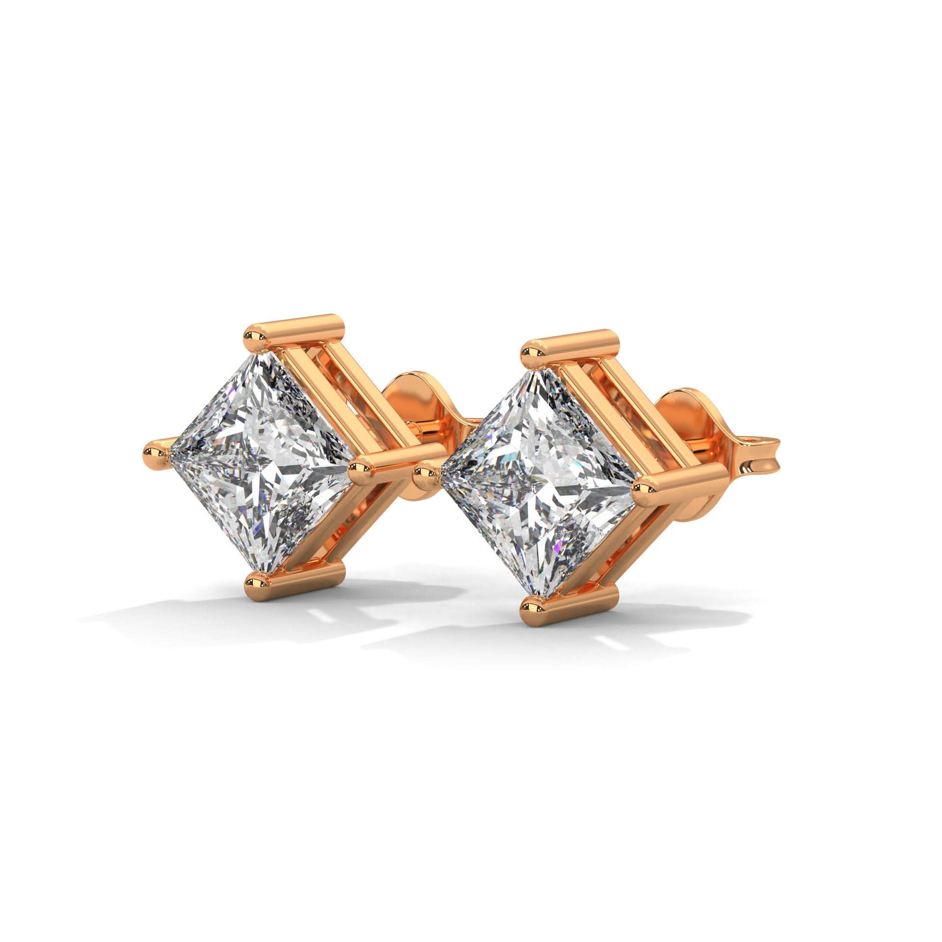 Rose gold earrings with princess-cut diamonds on a white background