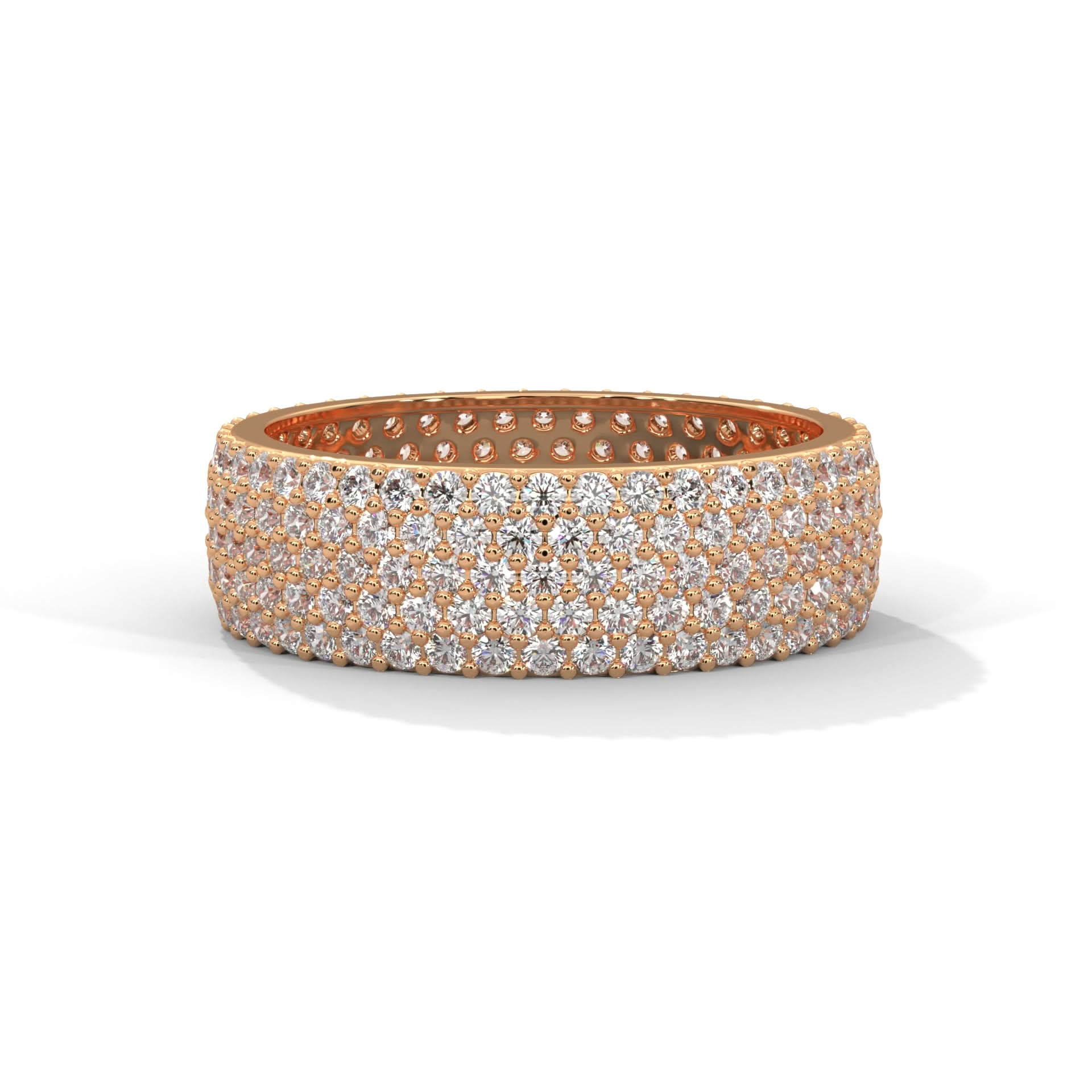 Rose gold ring with diamond accents on a white background