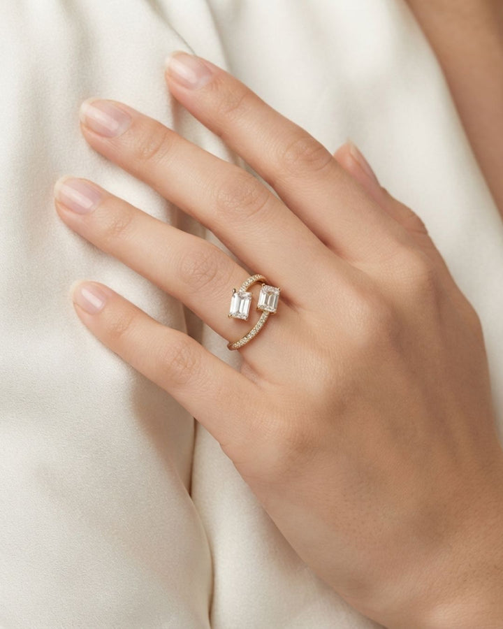 Emerald Cut Lab Grown Diamond Uniqe Pave Bypass Ring