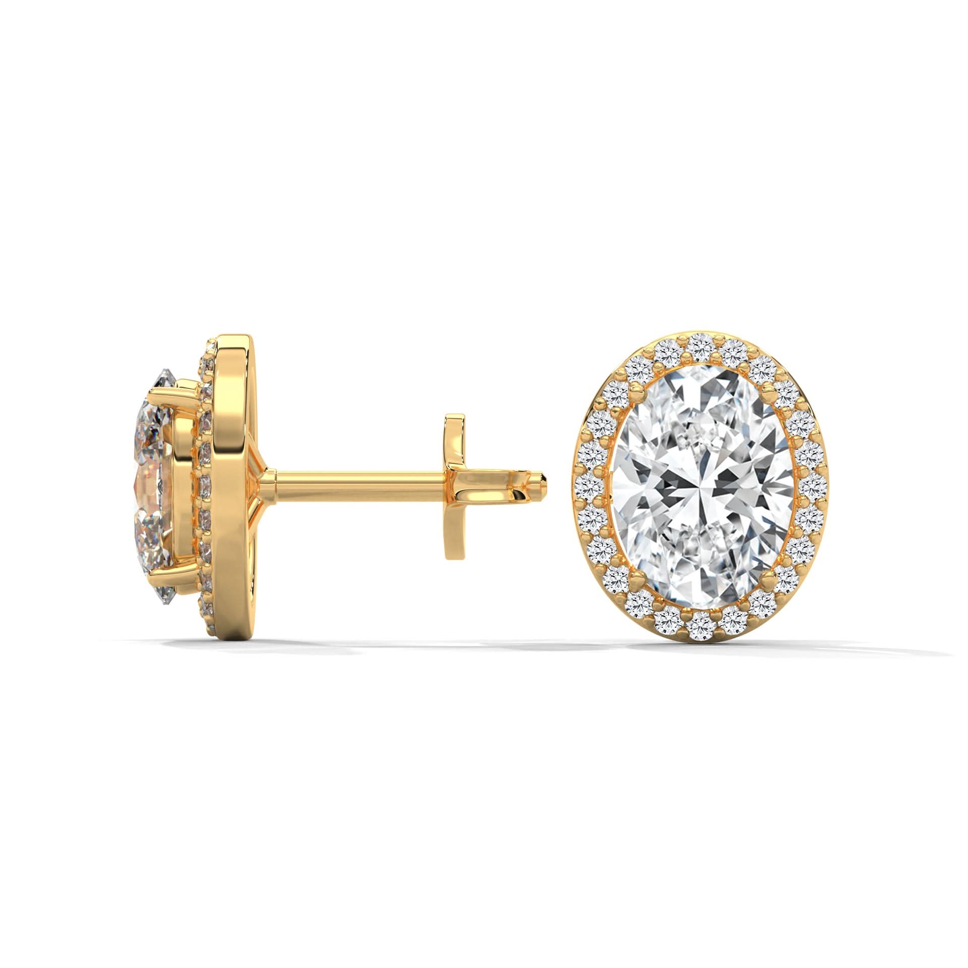 Gold earrings with a central Oval lab diamond on a white background