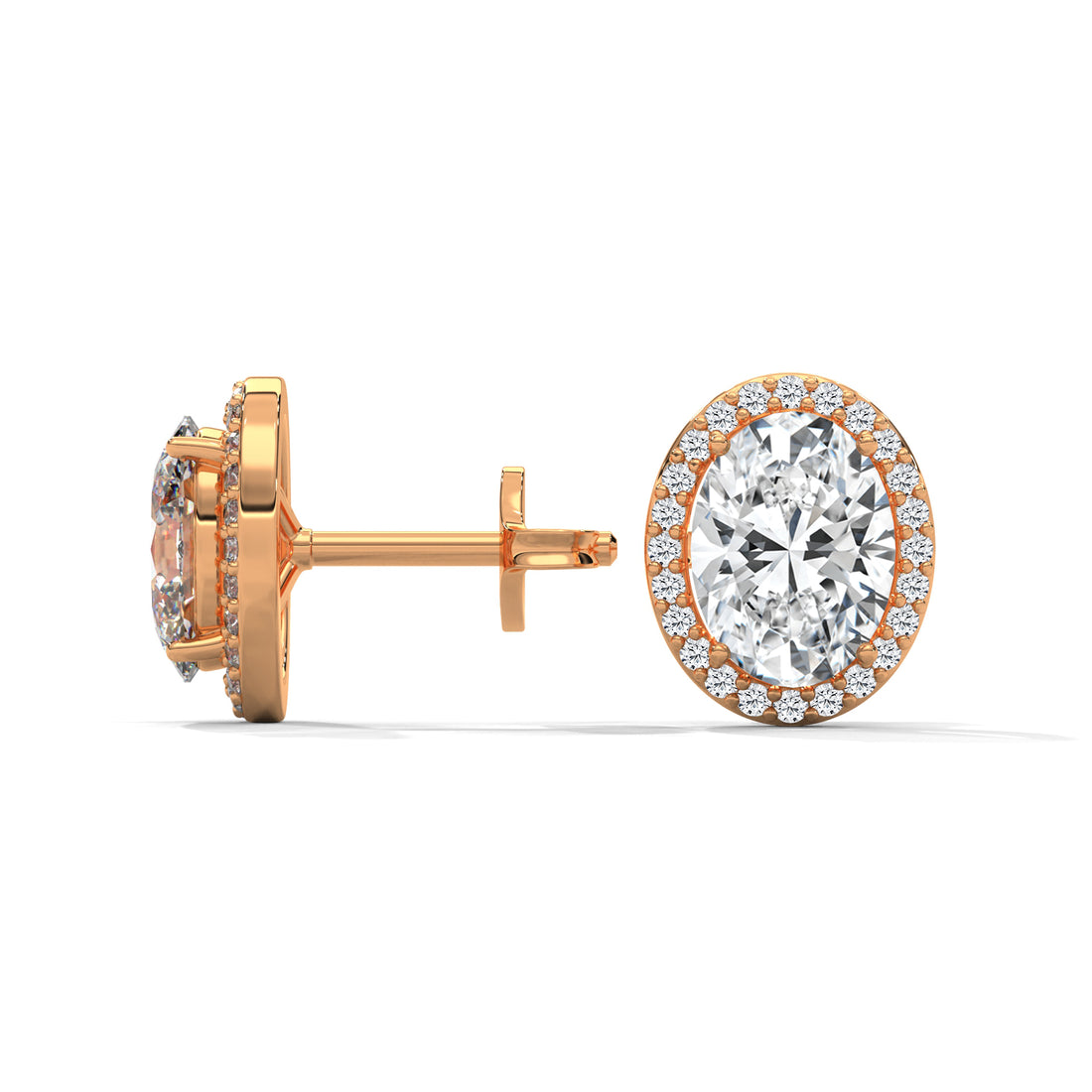 Rose Gold earrings with a central Oval lab diamond on a white background