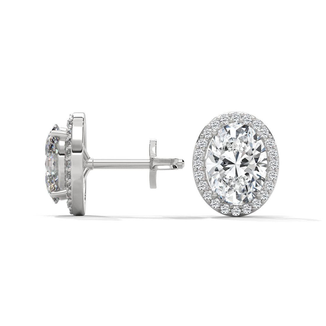 White Gold earrings with a central Oval lab diamond on a white background