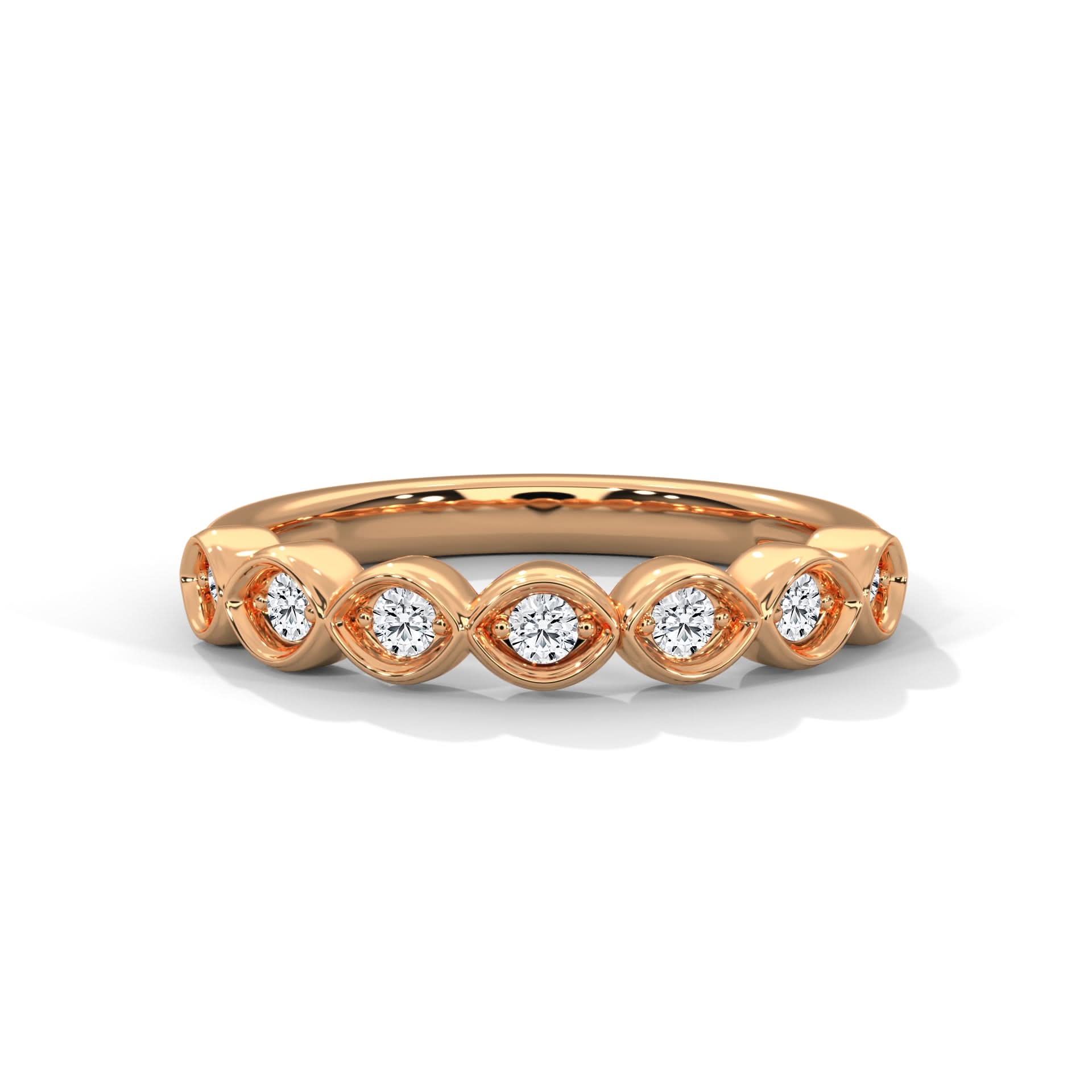 Rose gold ring with diamonds on a white background