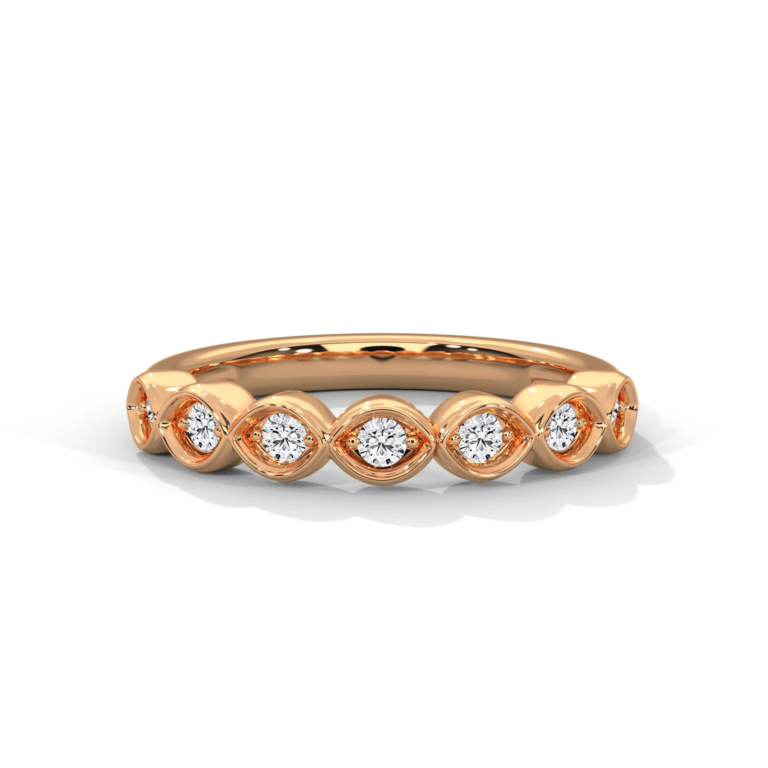Rose gold ring with diamonds on a white background