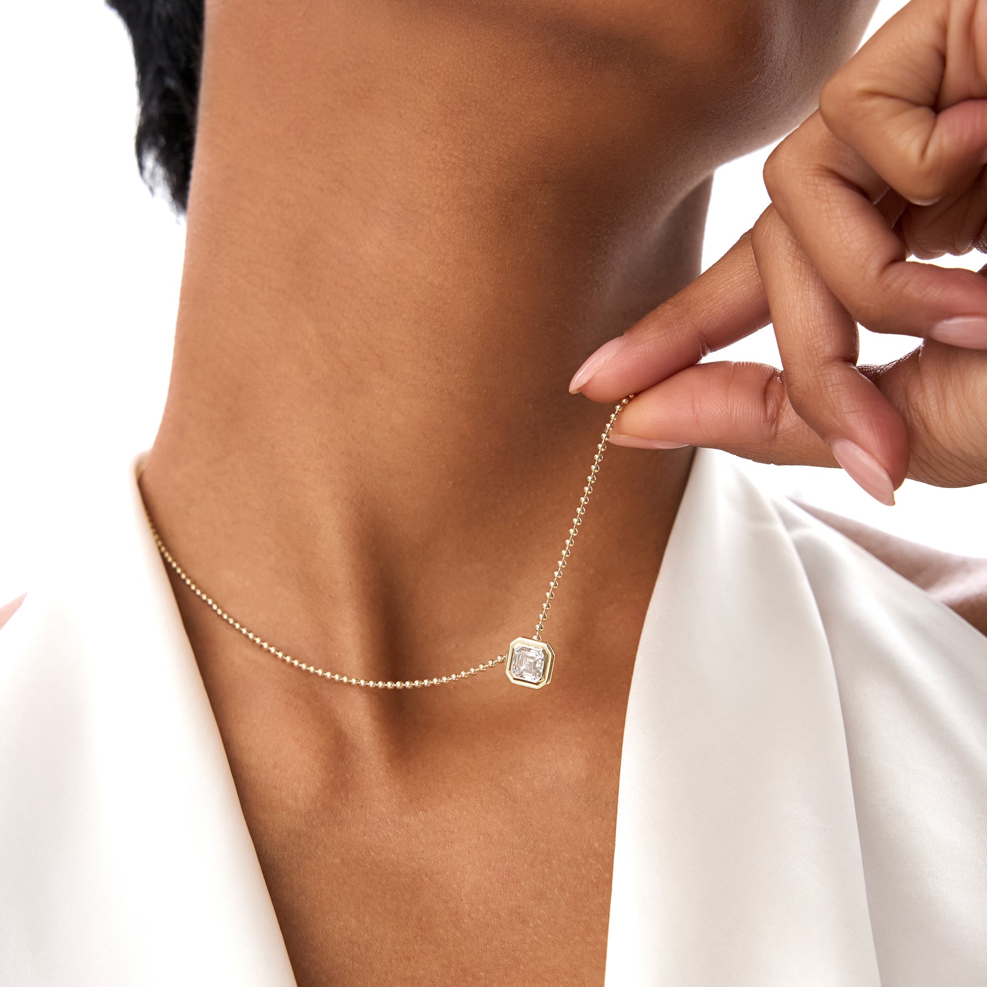 Asscher Cut Lab Grown Diamond Bezel Set Beaded Necklace