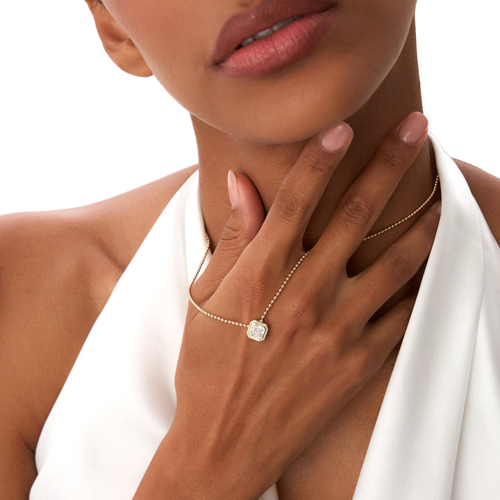 Asscher Cut Lab Grown Diamond Bezel Set Beaded Necklace