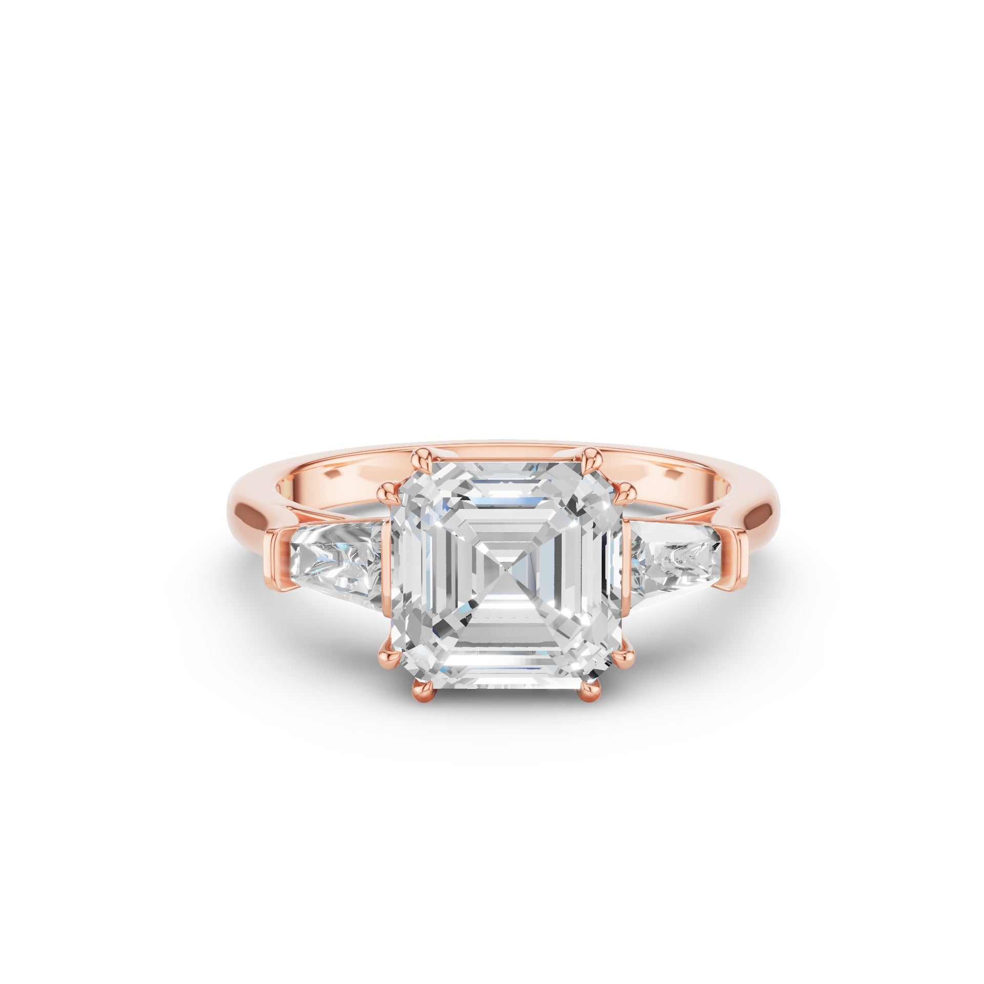 Asscher cut diamond ring set in a rose gold band with smaller diamond side stones, shown on a clean white background.