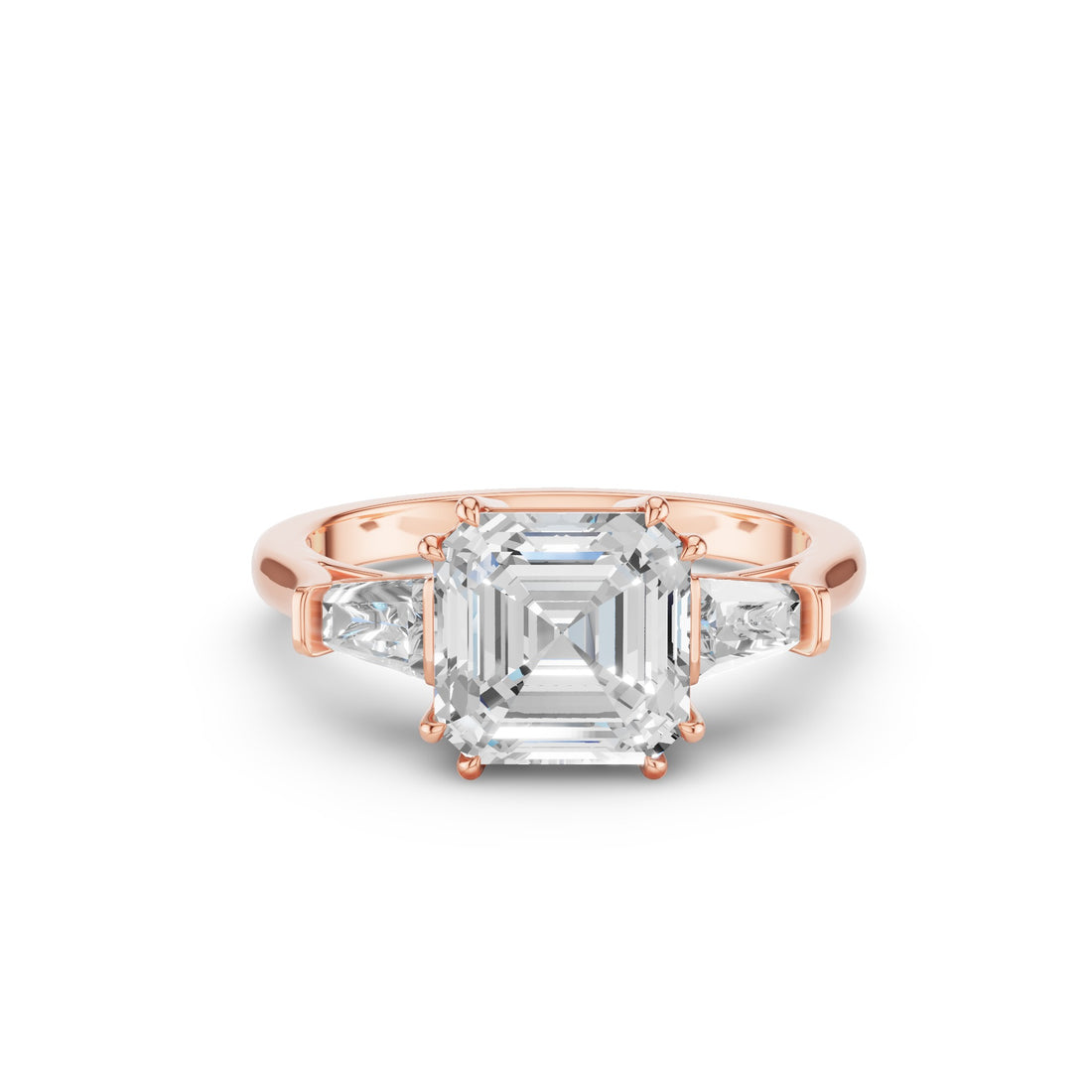 Asscher cut diamond ring set in a rose gold band with smaller diamond side stones, shown on a clean white background.