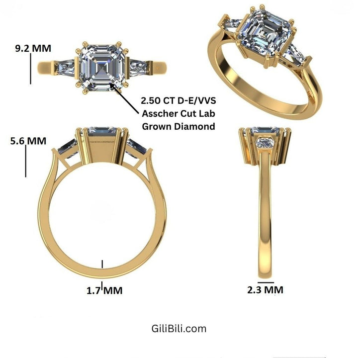 Asscher Cut Three Stone Lab Grown Diamond Enagement Ring