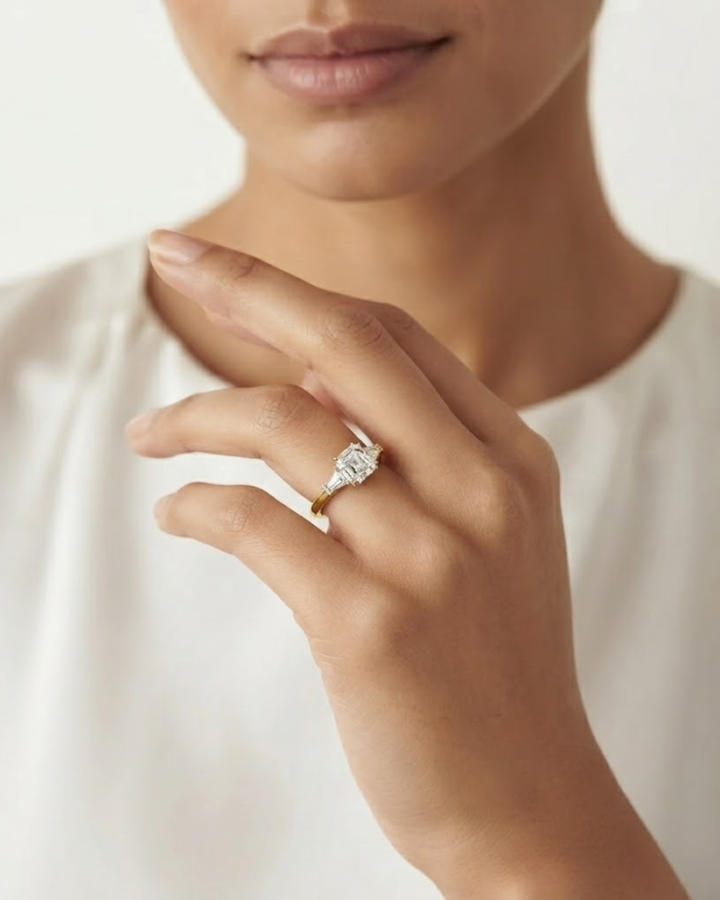 Asscher Cut Three Stone Lab Grown Diamond Enagement Ring