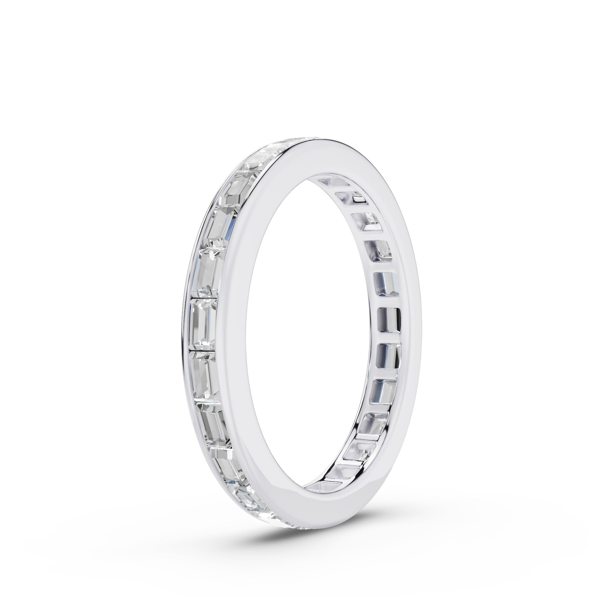 A silver eternity ring featuring a continuous channel setting of clear baguette-cut gemstones, shown at a three-quarter angle on a clean white background.