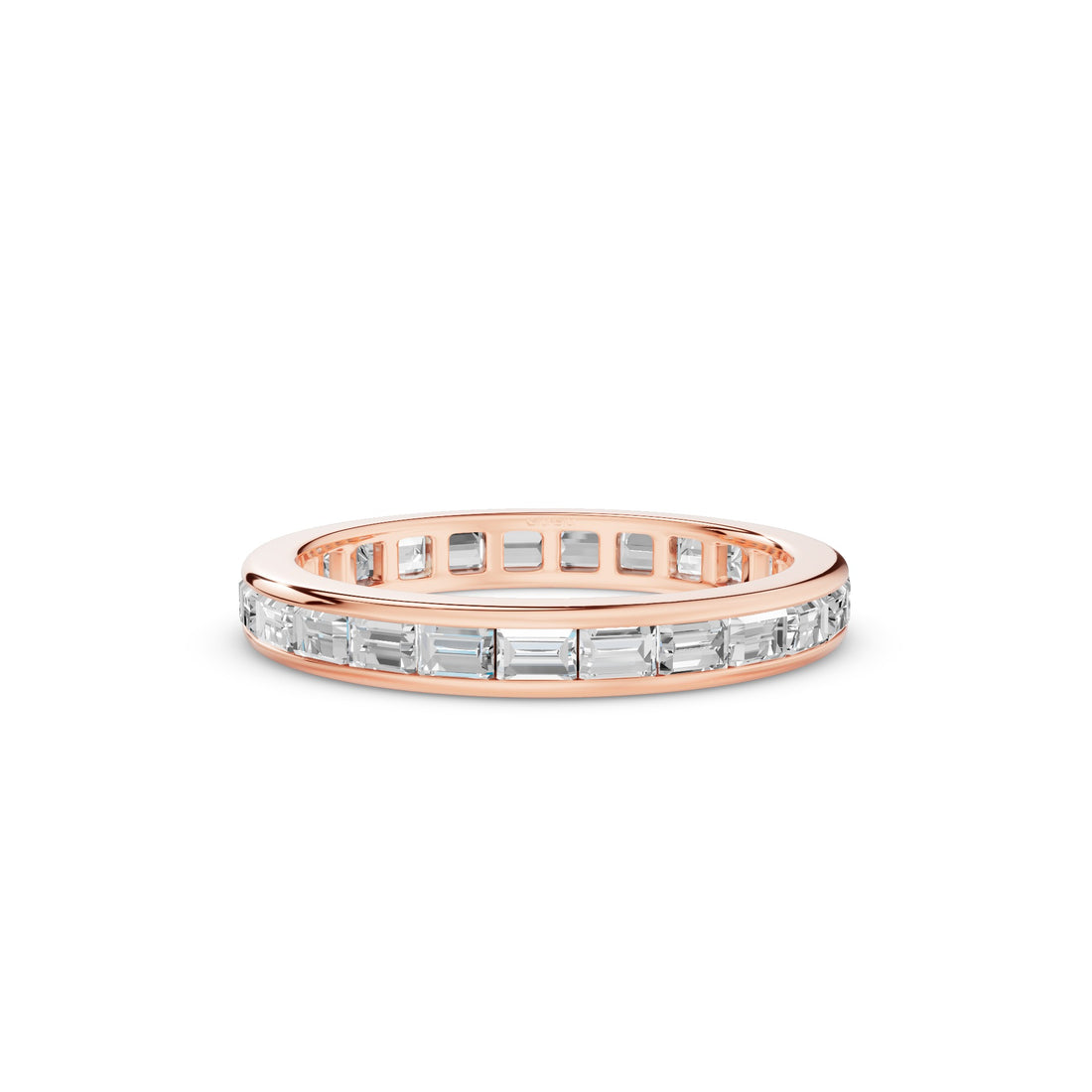 A rose gold eternity ring featuring baguette-cut clear stones, shown on a clean white background.
