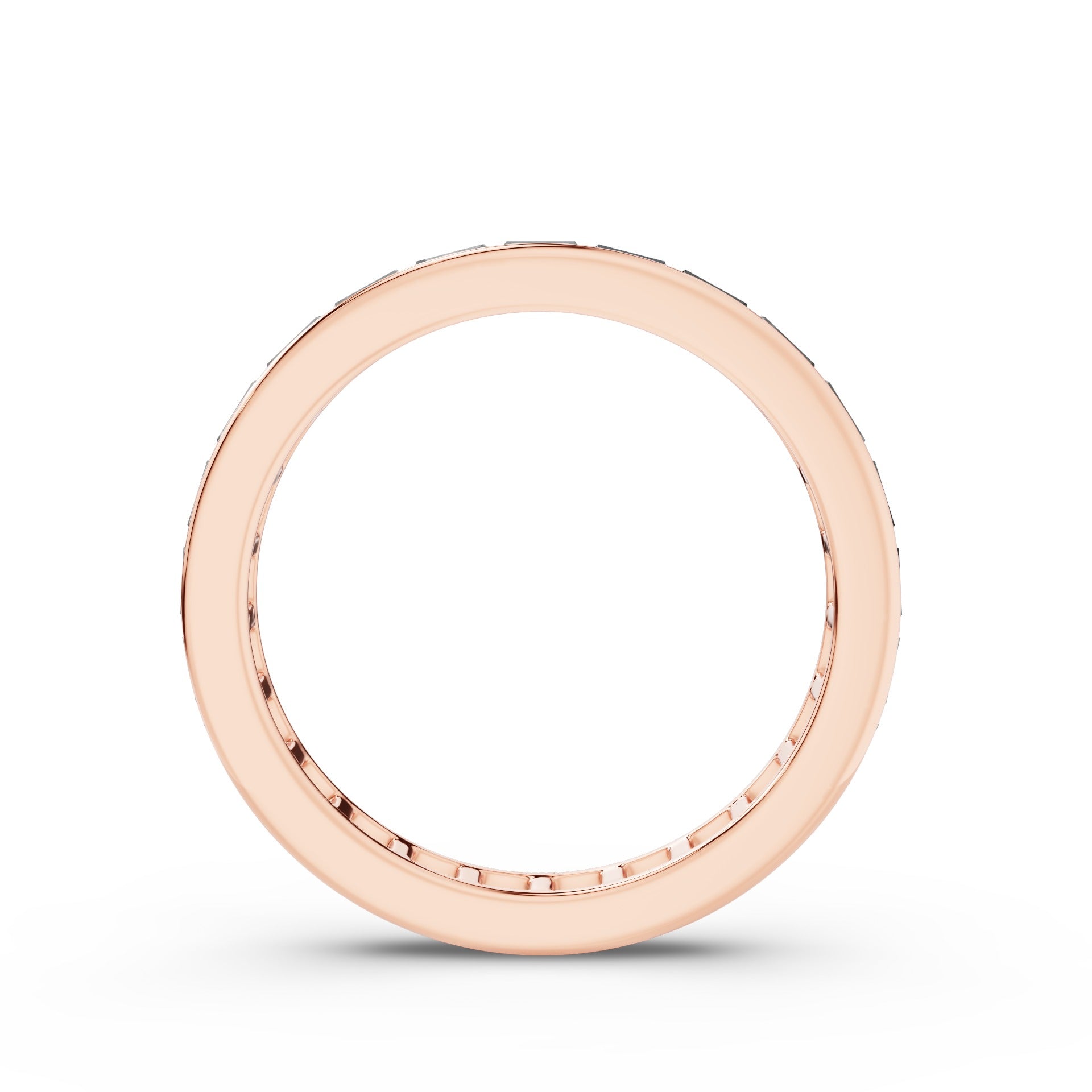 A rose gold eternity ring with a continuous line of small round diamonds set along the outer band, shown against a plain white background.