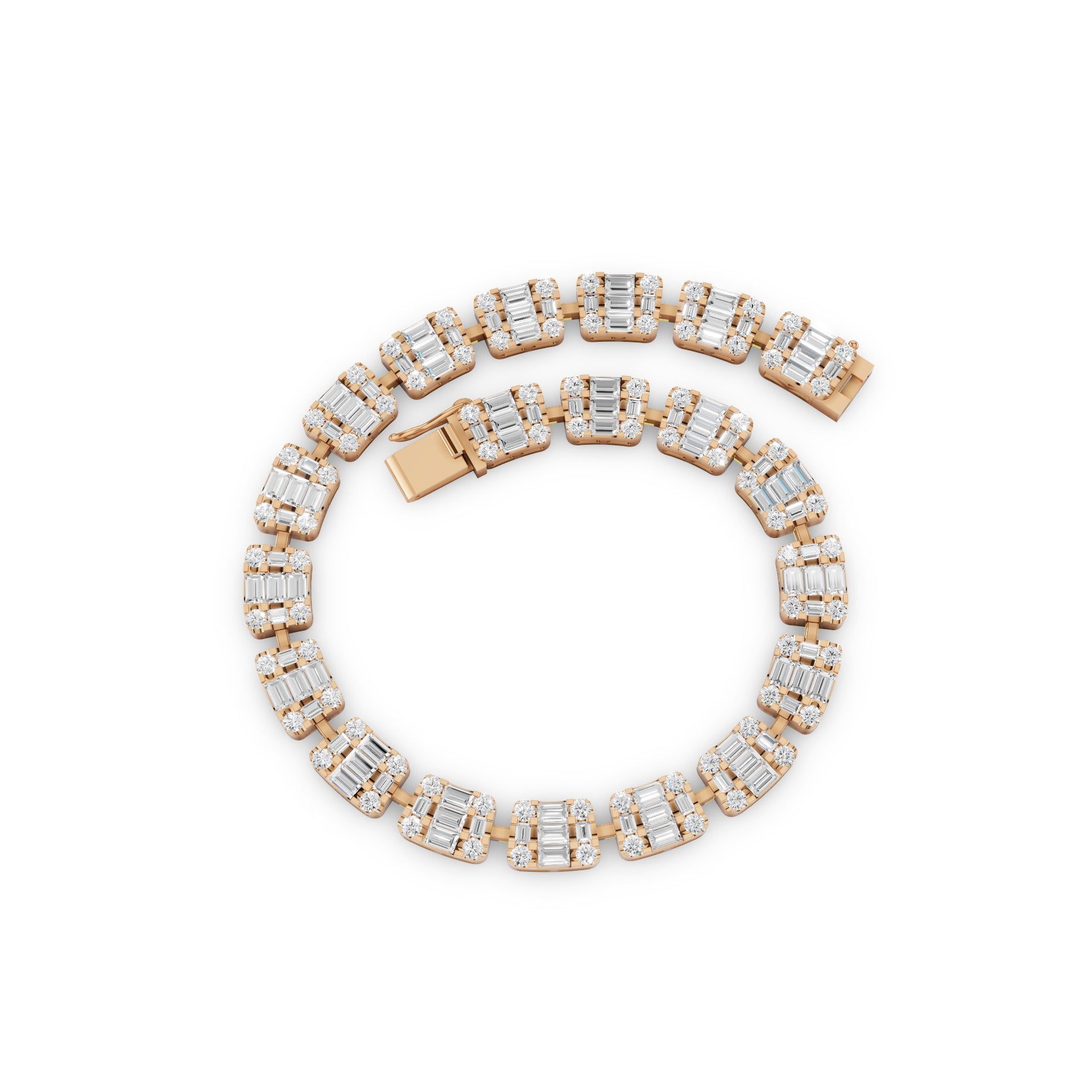 A gold tennis bracelet with baguette and round-cut clear stones, arranged in a spiral on a plain white background.
