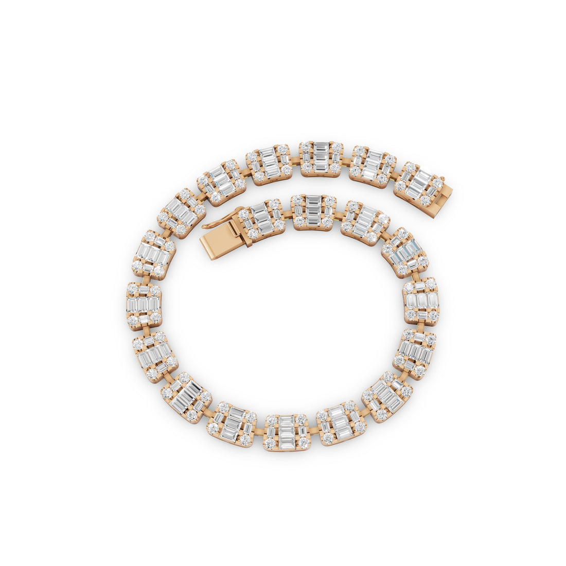 A gold tennis bracelet with baguette and round-cut clear stones, arranged in a spiral on a plain white background.